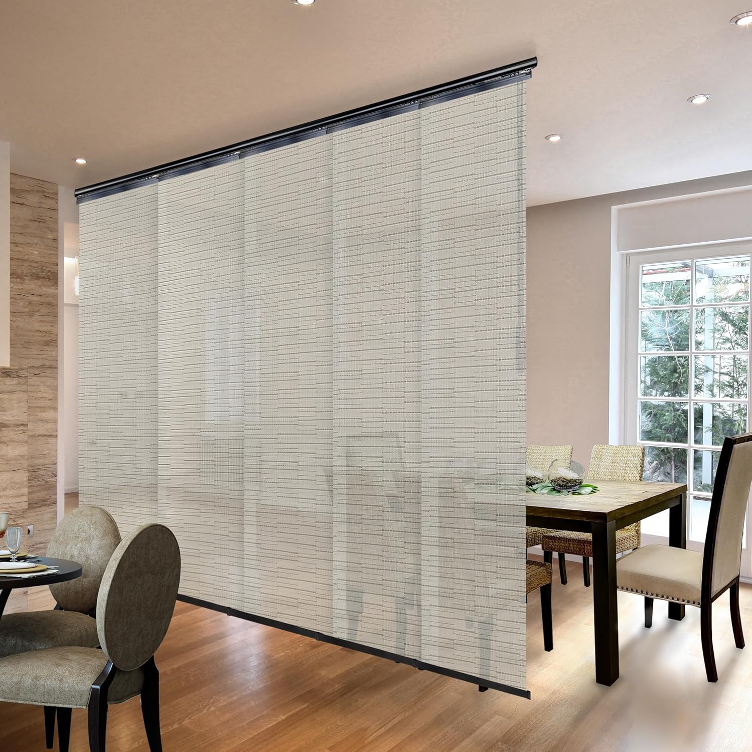 A & F Rod Décor - Valerio 5-Panel Single Rail White Panel Track Extendable 58"-110" W x 94" H, Panel Width 23.5"