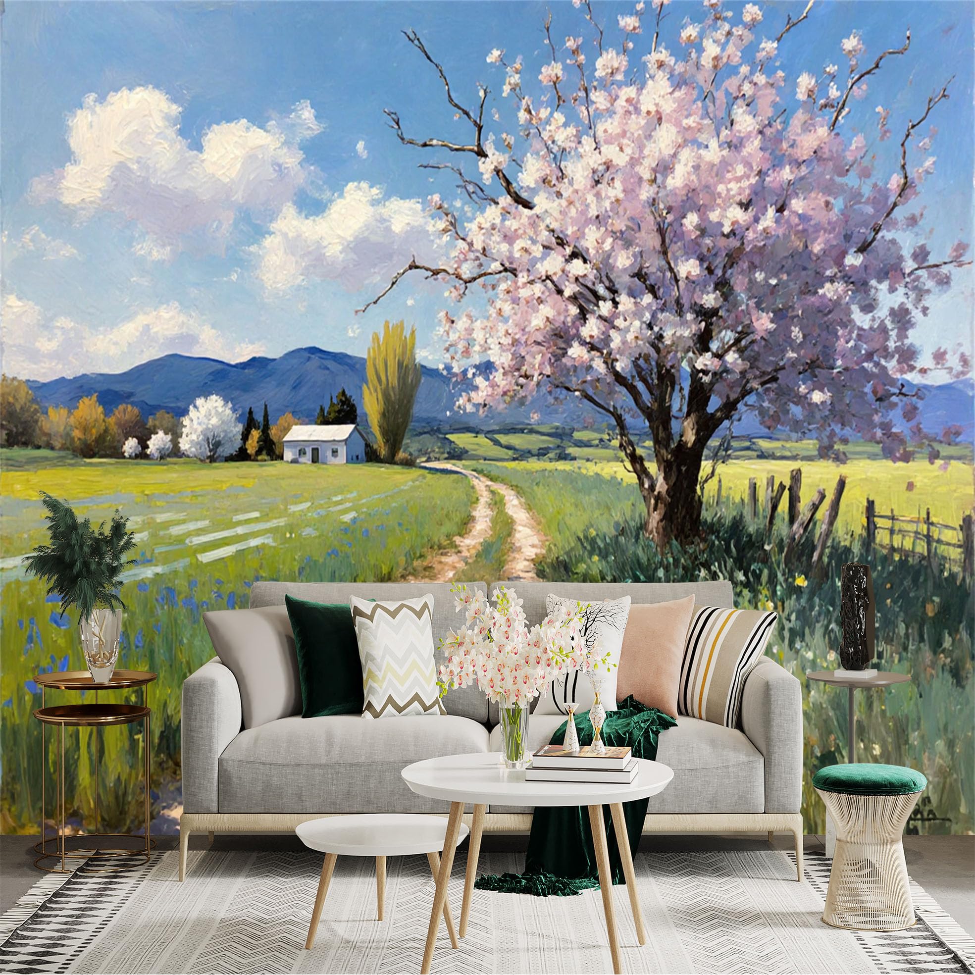Custom Size Wall Sticker Mural， Spring Countryside with Blossom Tree， Mountains and Blue Sky， for wall Decoration， peelandstick wall Decals.