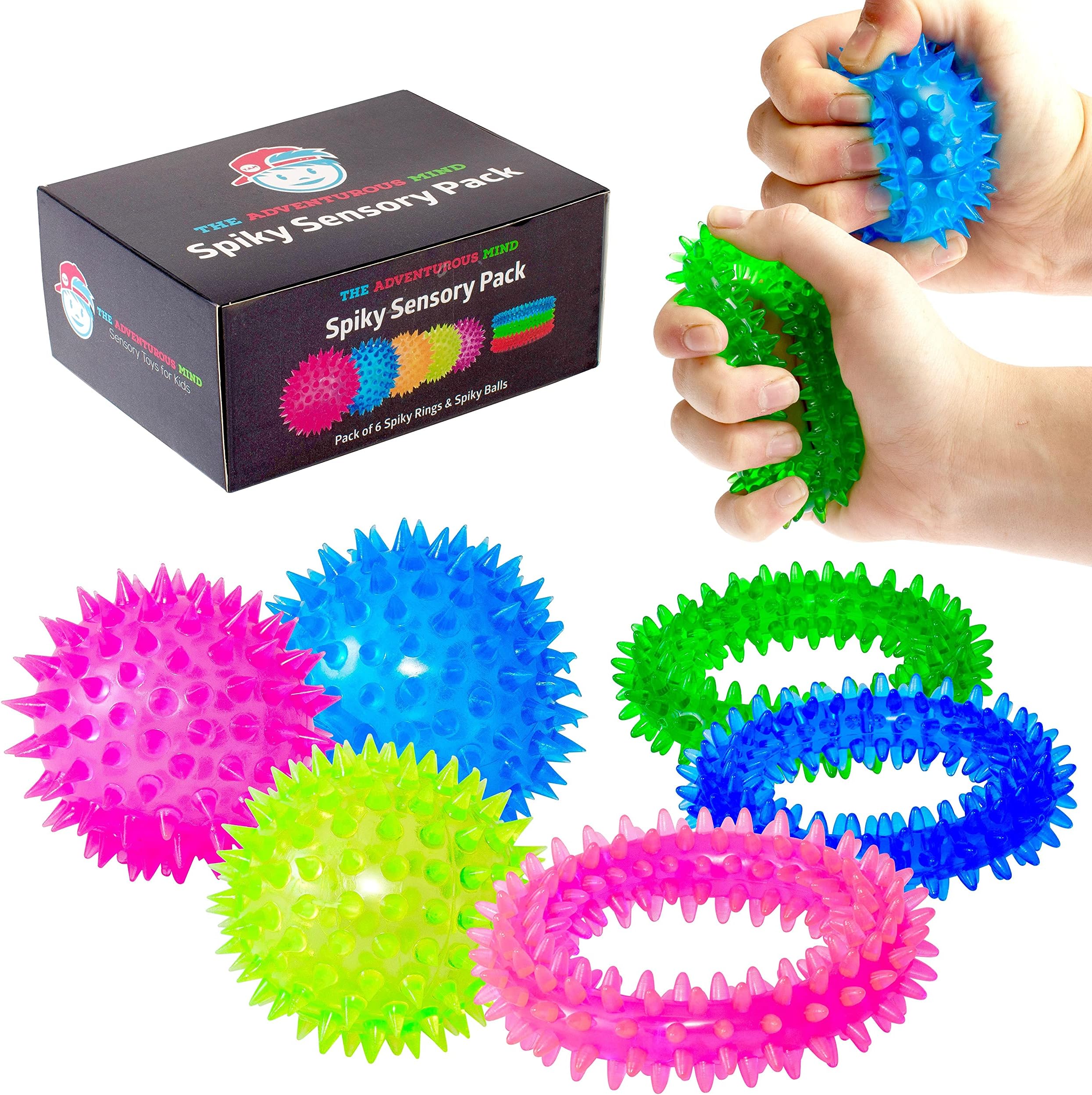 Sensory Spiky Set - 3 Spiky Fidget Rings & 3 Spiky Stress Balls - Best Sensory Fidget Toy for Kids with ADD, Autism, & Sensory Needs