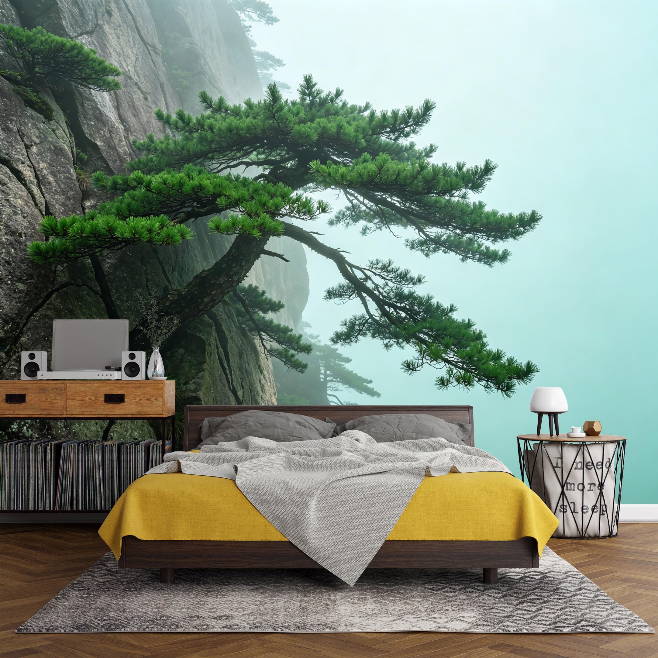 Custom Size Wall Mural Mountain Pine Tree Foggy Cliff Landscape SelfAdhesive Art Prints wall Fabric (No PVC) Removable Wallpaper Living Room Decor Wall Art