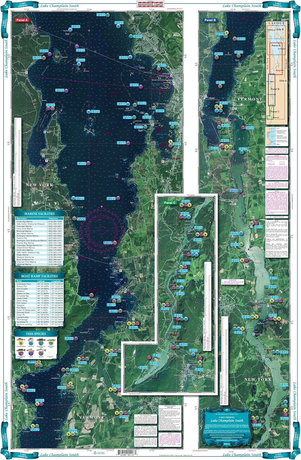 *New Satellite, 11F Lake Fishing Lake Champlain South, Easy-to-Read, Large Print, Waterproof Paper, Tear Resistant, Printed on Two Sides, 2 Charts in 1, NOAA Charts
