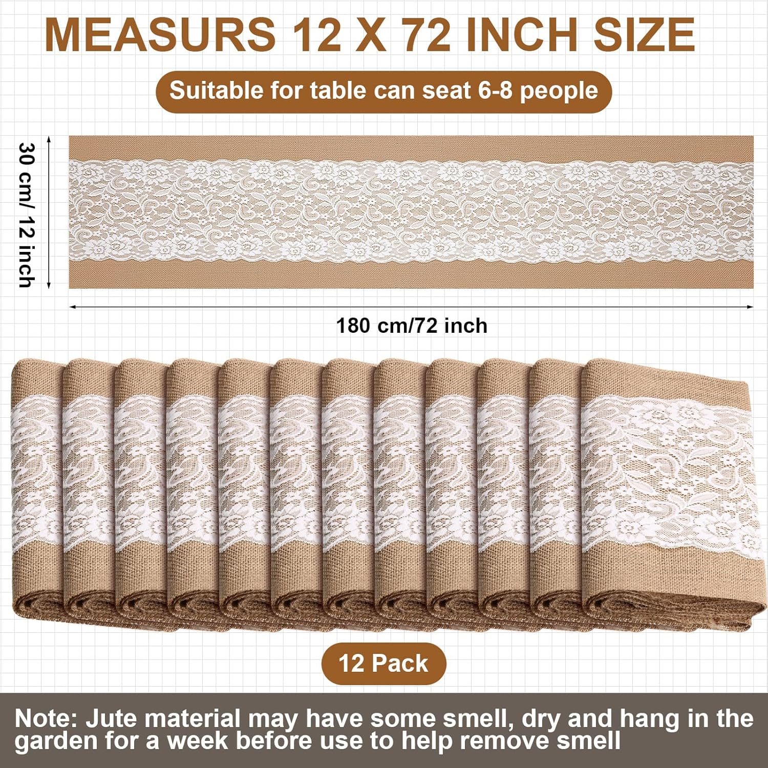 Chumia 12 Pack Burlap Table Runners with Lace 12 x 72 Inch Long Rustic Jute Natural Hessian Burlap Table Runner for Farmhouse Style Country Vintage Wedding Party Dinner Decoration(Classic Style)