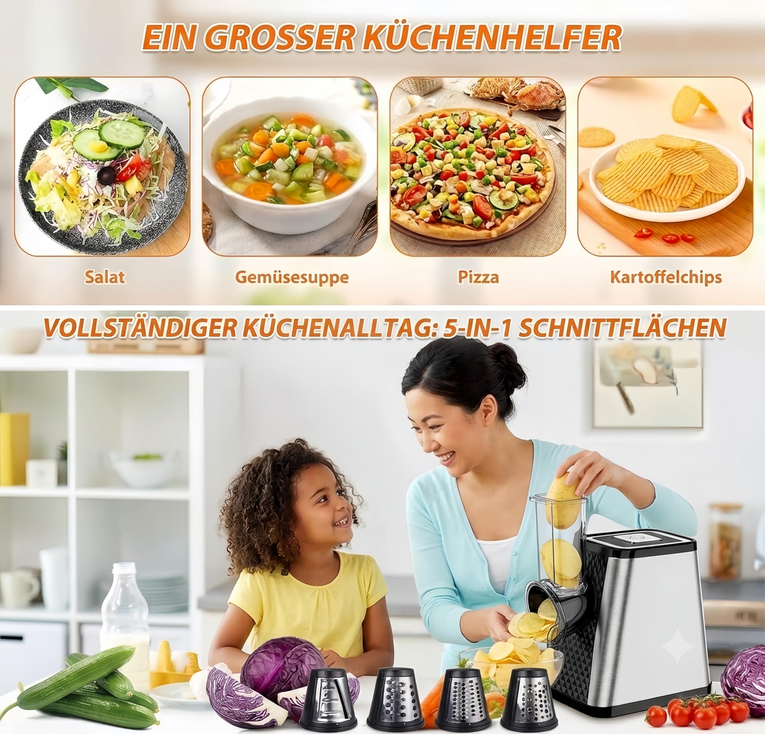 Elektrischer Gemüsehobel 500W, 5-in-1 Multifunktionaler Gemüseschneider mit 5 austauschbaren Klingen, Edelstahl Käseraspel für Kartoffeln, Karotten, Obst und Käse