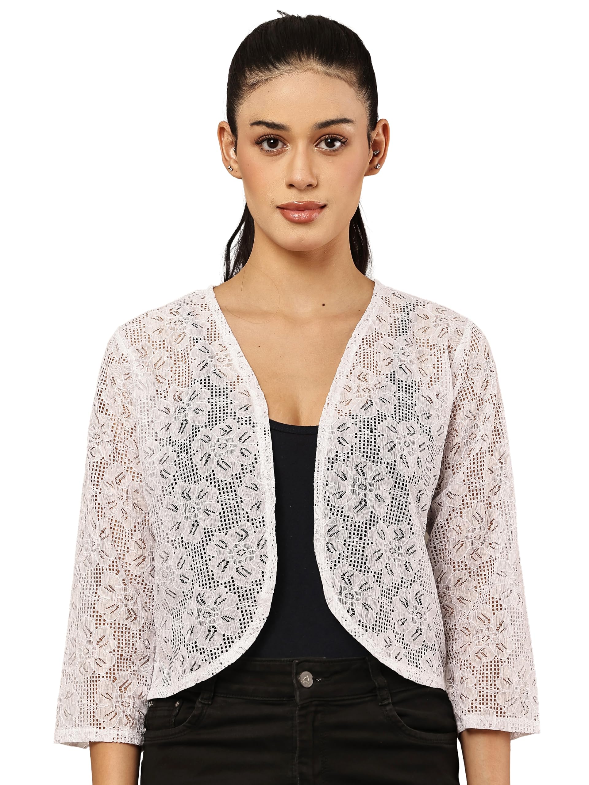 Women 3/4th Sleeve 100% Cotton Self Design Lace Crop Open Front Shrug | Stylish Casual Layering Top-picture-57