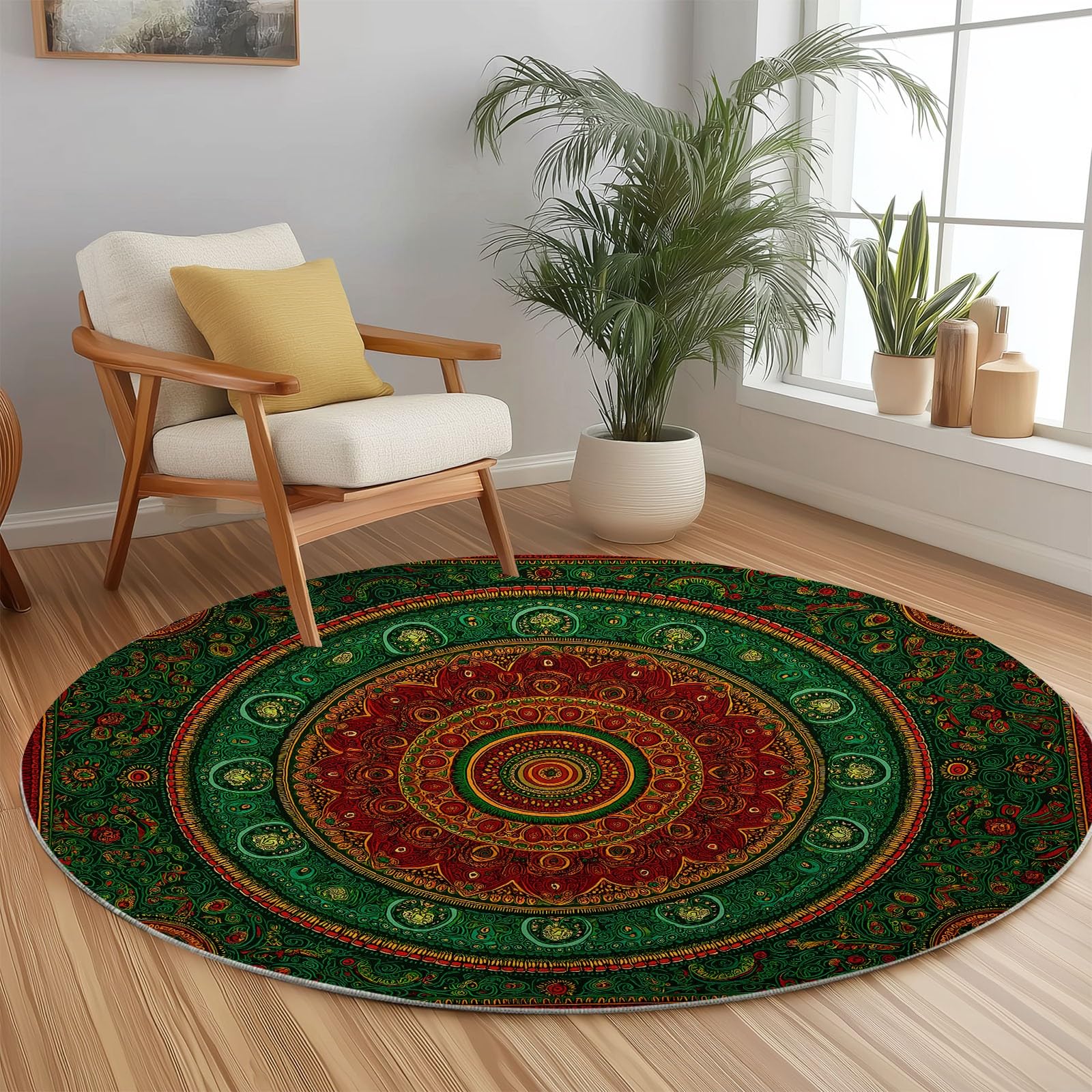 Waschbarer Rutschfester Runde Teppiche 220 cm, Paisley Muster Runder Teppich für Wohnzimmer Schlafzimmer Kinderzimmer - Retro Pflanzen Blumen Streifen Weicher Niedrigflor Teppich für Spielzimmer