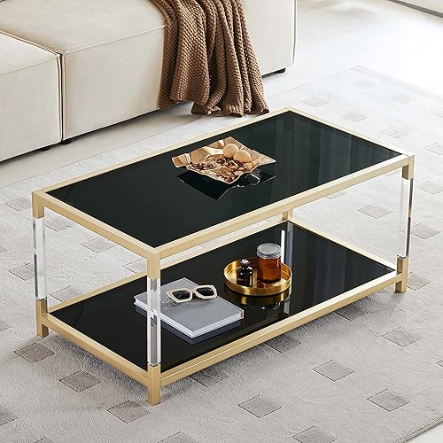 AGV LIGHTING Mesa auxiliar BLEVIO 202205, mesa de centro de vidrio de doble capa para espacio vital, parte superior de vidrio ultra negro, patas