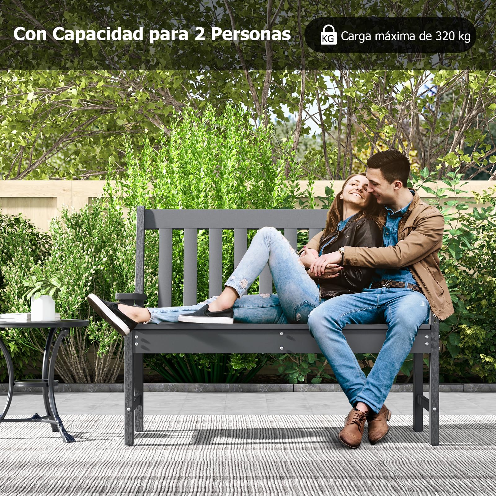 GIANTEX Banco de Jardín 2 Plazas, Banco de Plástico con Respaldo y Reposabrazos, Asiento de Láminas, Carga hasta 320 kg, 132 x 65 x 91 cm, para Parque, Porche, Balcón (Gris)