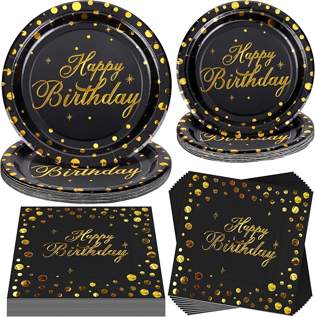 durony 48 Pieces Black and Gold Birthday Party Supplies for 16 Guests Disposable Black Happy Birthday Tableware Set with Party Plates, Napkin, Black With Gold Foil Party Dinnerware Set, Party Supplies