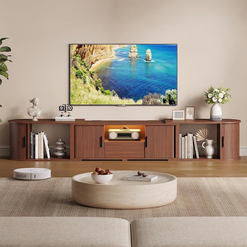 Maupvit Expandable Free Standing TV Stand for 65 Inch TV, Rounded Corner Media Console with Sliding Tambour Doors, Drawer & LED Light Strip, Adjustable Floor Cabinet Fit Living Room Corner, Walnut