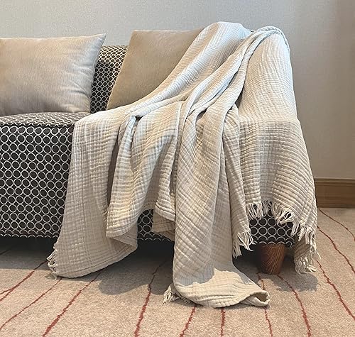 Manta grande de muselina 100 % algodón orgánico para adultos, sofá, hilo teñido de plantas prelavado de 4 capas, transpirable, suave, acogedora,