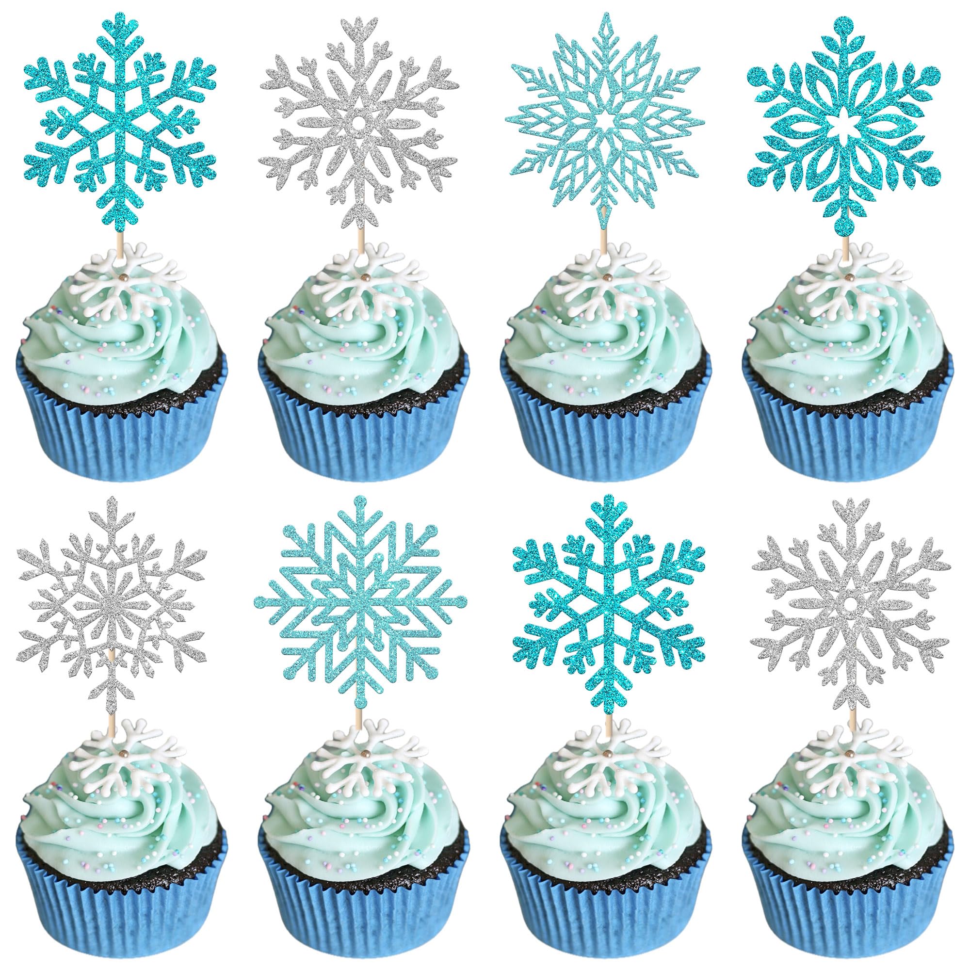 SYKYCTCY 36 Pack Snowflake Cupcake Toppers Wafer Paper Frozen Cupcake Picks Edible Snowflake Party Cake Decorations for Christmas Winter Frozen Theme Baby Shower Birthday Party Supplies Blue Silver