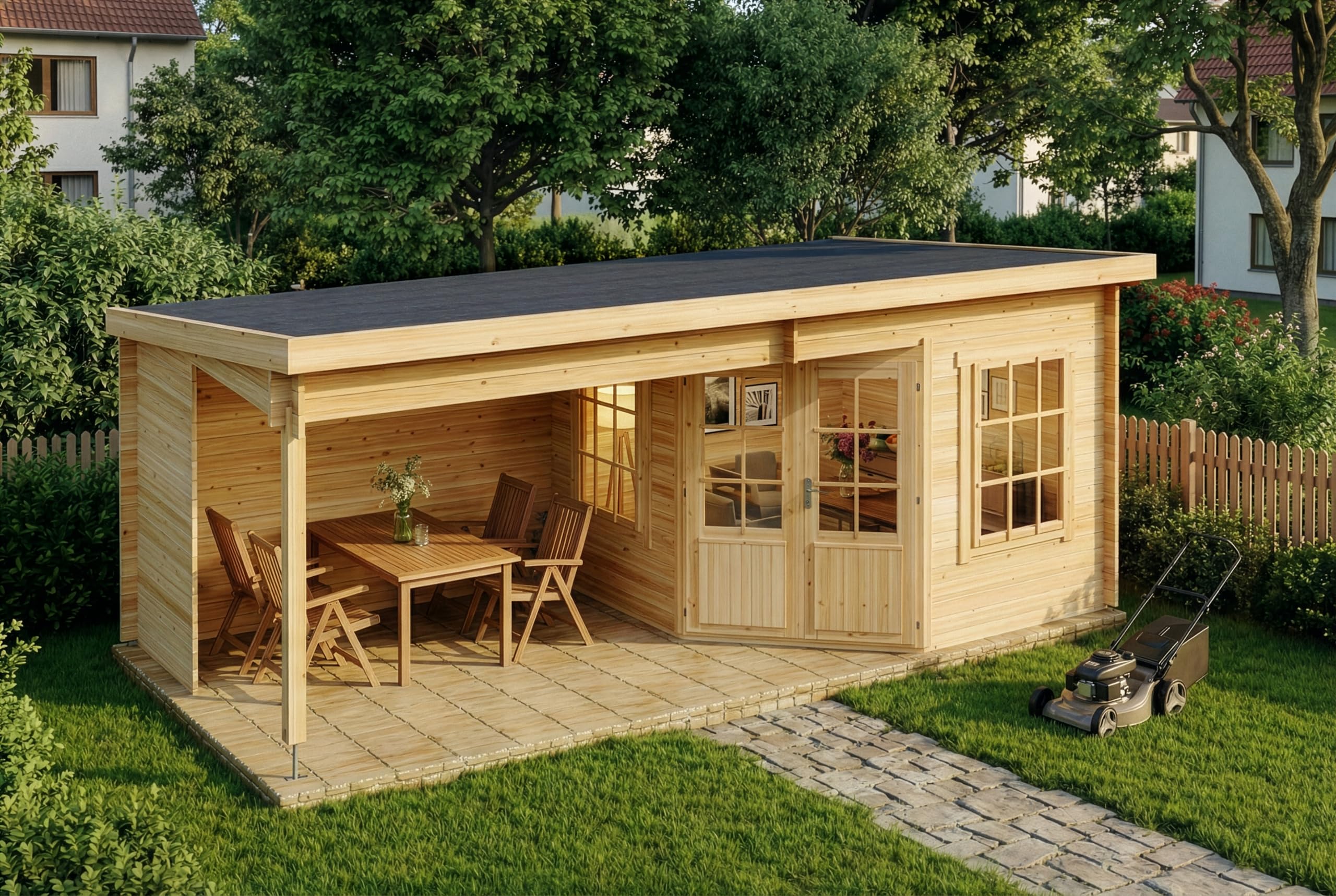 Alpholz Gartenhaus Carl-28 aus Massiv Holz, Gerätehaus mit 28 mm Wandstärke, Garten Holzhaus inklusive Montagematerial, Geräteschuppen 598 x 300 cm, Pultdach