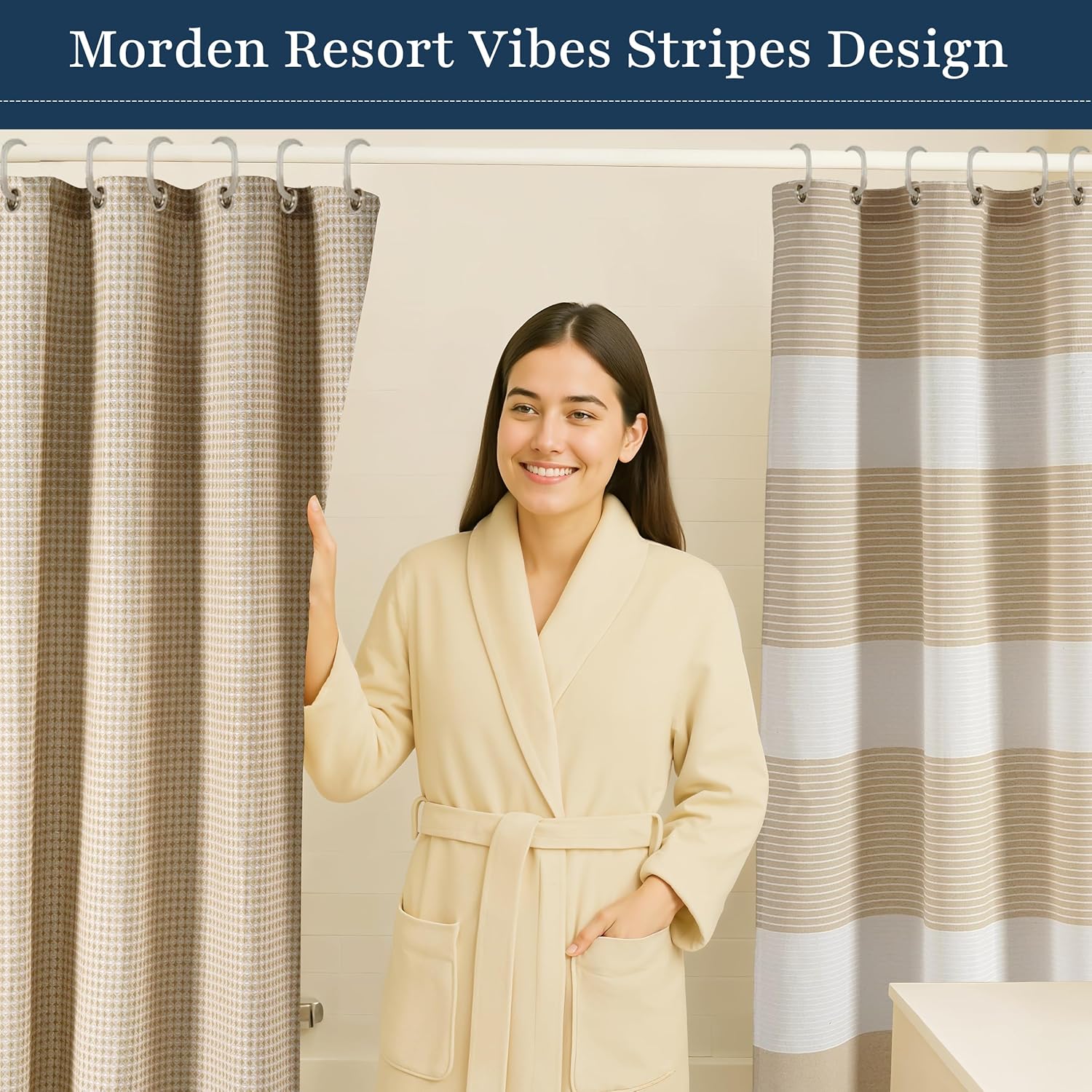 LANE LINEN Luxury Shower Curtain Set for Bathroom - Standard Sized Pack of 2 - Premium Waffle Stripe Fabric - Water Repellent, Quick Dry & Machine Washable - Reinforced Header with Grommets - Beige