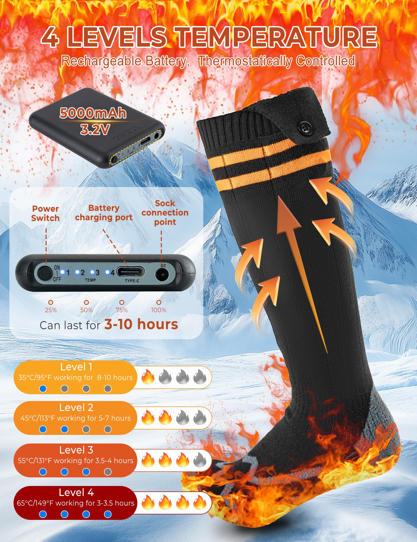 ROCKBROS Calze Riscaldate a Batteria 2 x 5000mAh/5V Max, Calze Termiche Ricaricabili 4 Livelli di Calore, Calzini Scaldapiedi Elettrico Lavabile Uomo Donna per Inverno Sci Ciclismo Corsa