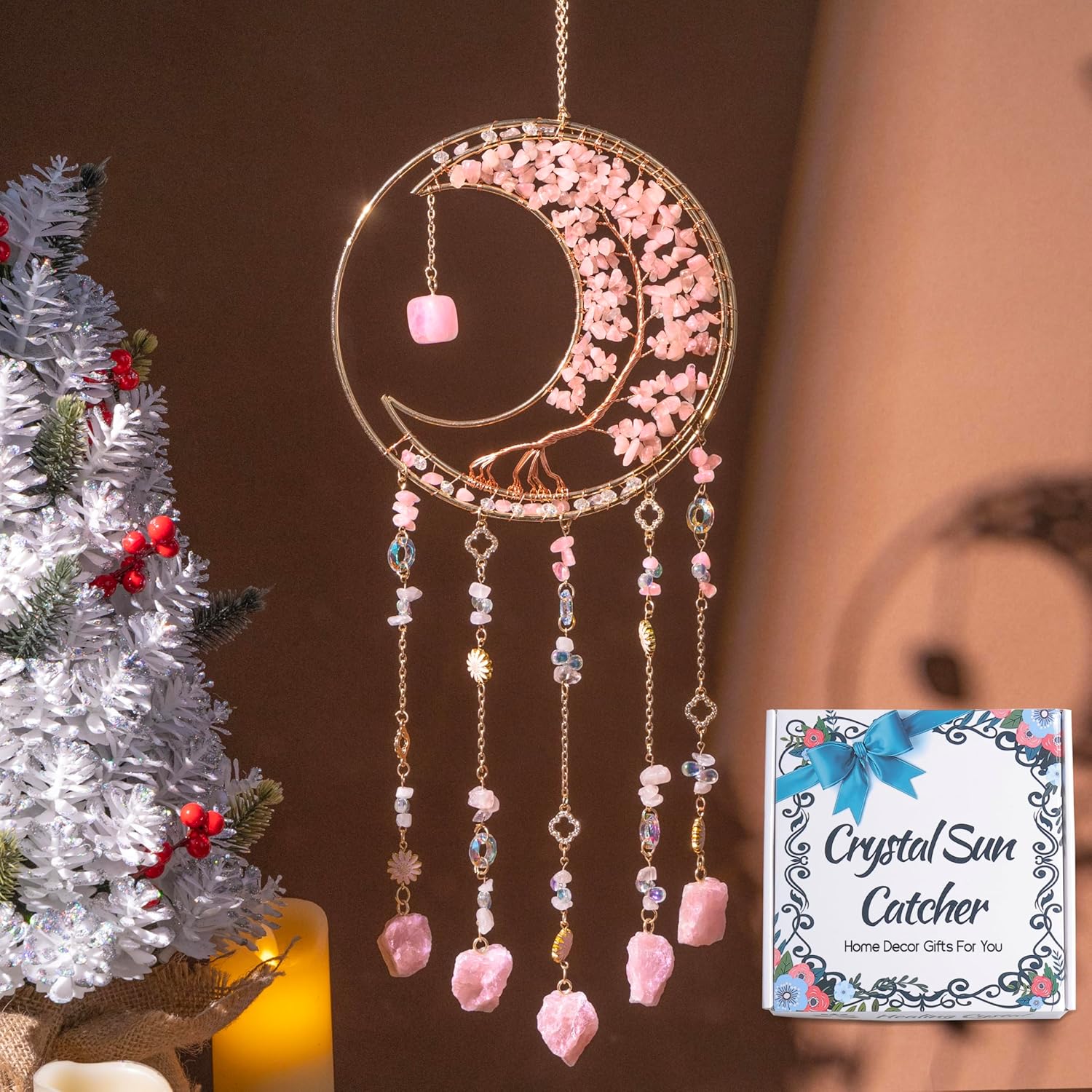 Dream Catchers Tree of Life Dream Catcher Rose Quartz Dreamcatcher Wall Decor with Healing Crystal Stone Dream Catcher Crystals for Windows for Bedroom Home Decor Birthday Garden-Pink