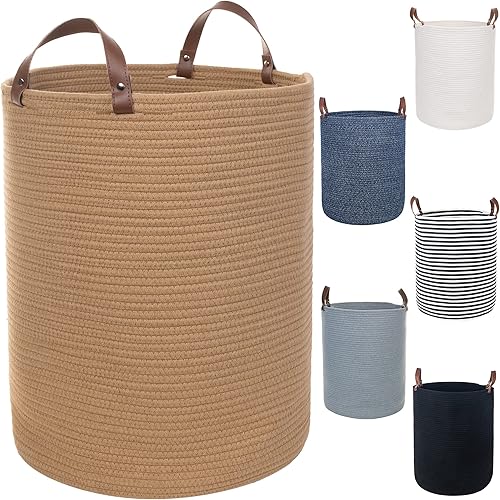 Miniatura 9 de Caroeas Cesta de cuerda de algodón XXL, asas de cuero de algodón de 20 x 16 pulgadas, manta tejida para ropa sucia de 80 litros para juguetes, cesta