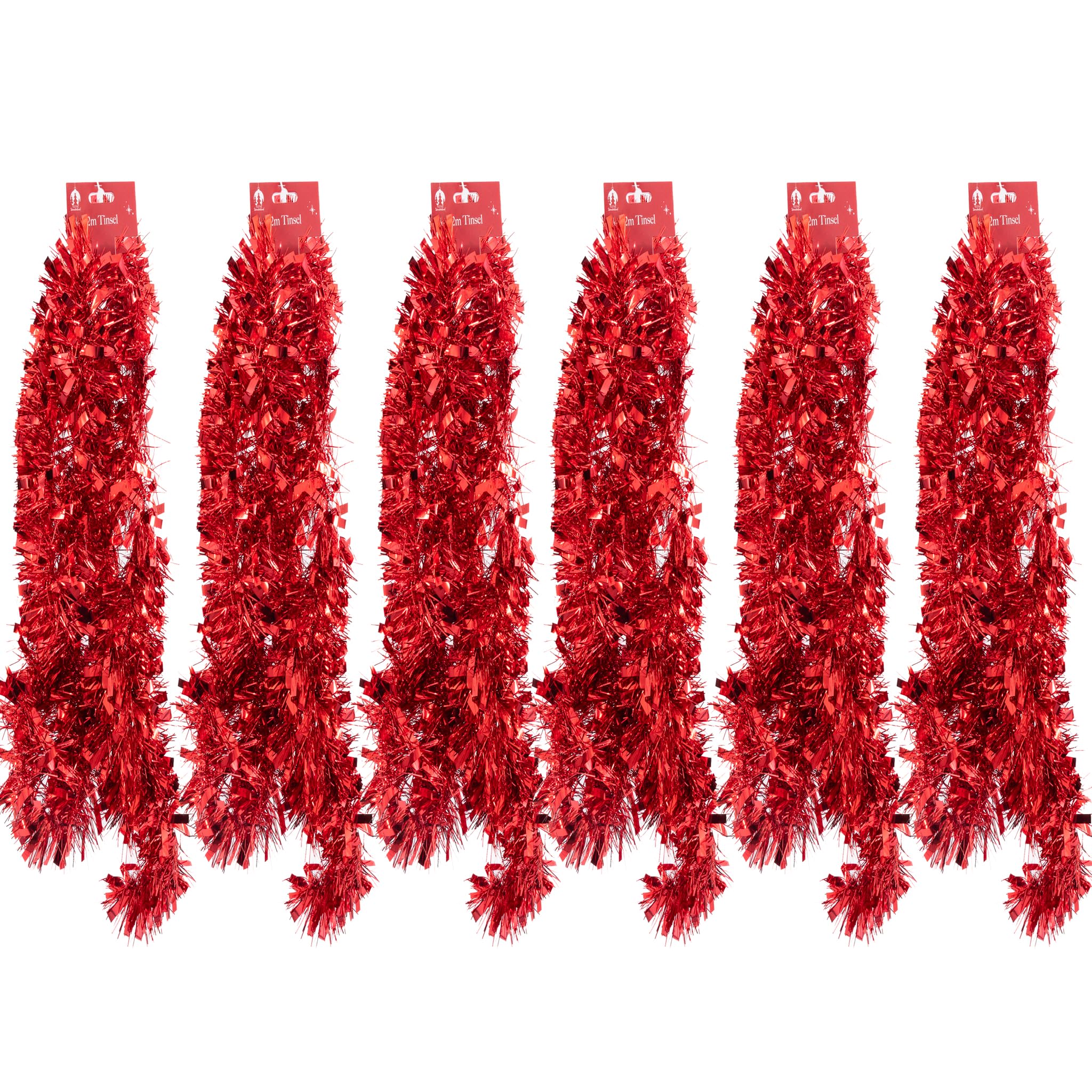 Evelay Red Christmas Tinsel Chunky Garland - Pack Of 6, 2M Long Shiny Foil Decorations - For Xmas Tree, Party & Home Hanging Decor (Red)