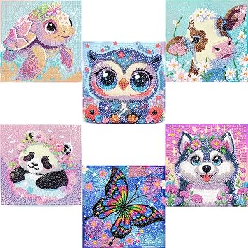 6 Pack 5D Cartoon Diamond Painting Kits for Kids, Cute Animals Diamond Art Kits for Kids Beginners, DIY Kids Mosaic Kits Gem Art Dots Crafts for Girls Boys Ages 6-8-9-10-12, Home Wall Decor 6X6 Inch