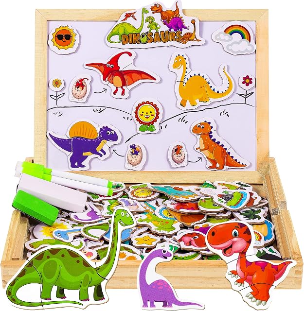 COOLJOY Wooden Magnetic Board Puzzle Games, 118 PCS Double Sided Jigsaw Dinosaur Pattern Drawing Easel Blackboard Educational Wood Toys for Boys Girls Kids Toddler 3 4 5 Year Olds