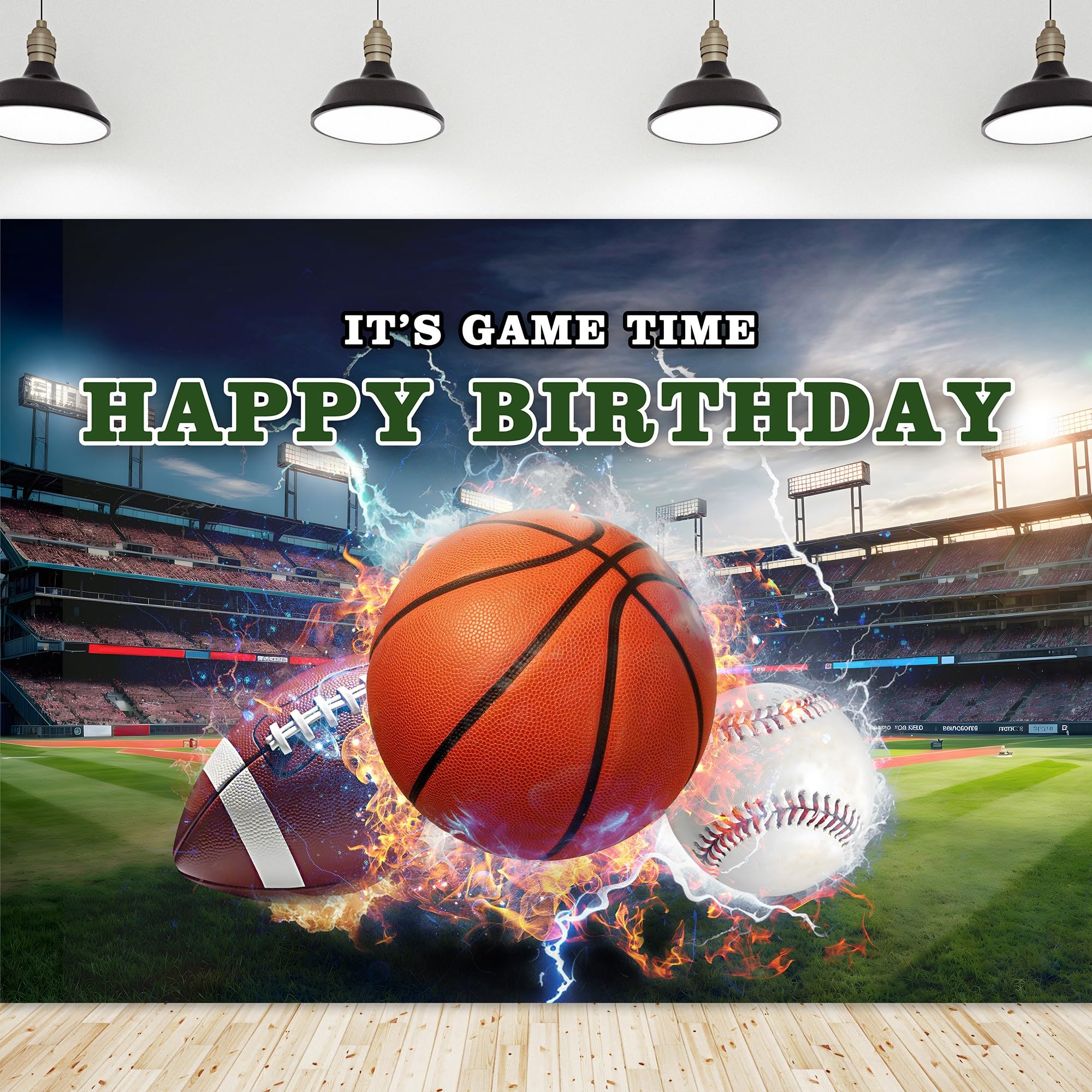 Riyidecor Sports Theme Happy Birthday Backdrop Polyester Fabric Kids It's Game Time Basketball Baseball Football Game 7Wx5H Feet Boys Bday Photography