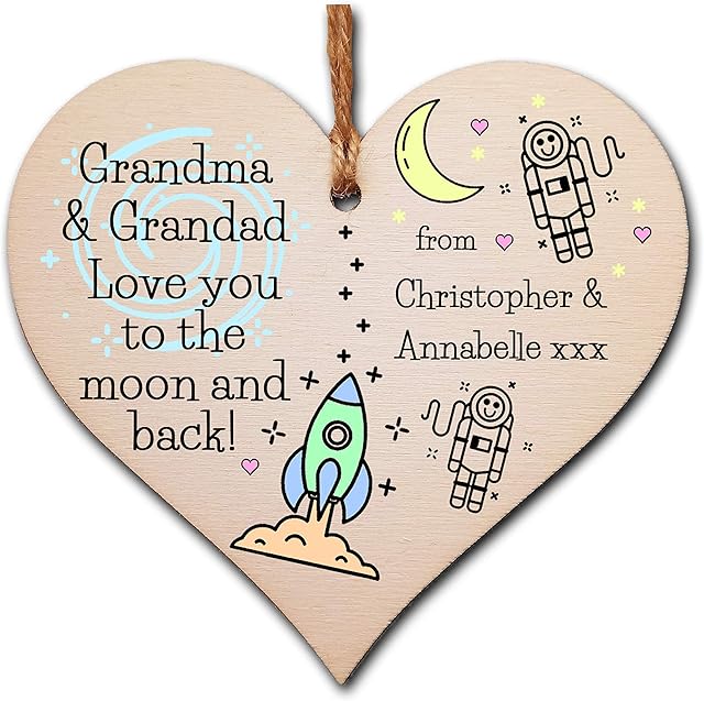 Personalised Handmade Wooden Hanging Heart Plaque Gift Love you to the moon and back to grandparents from grandchildren add names fun colourful space design miss you grandma and grandad