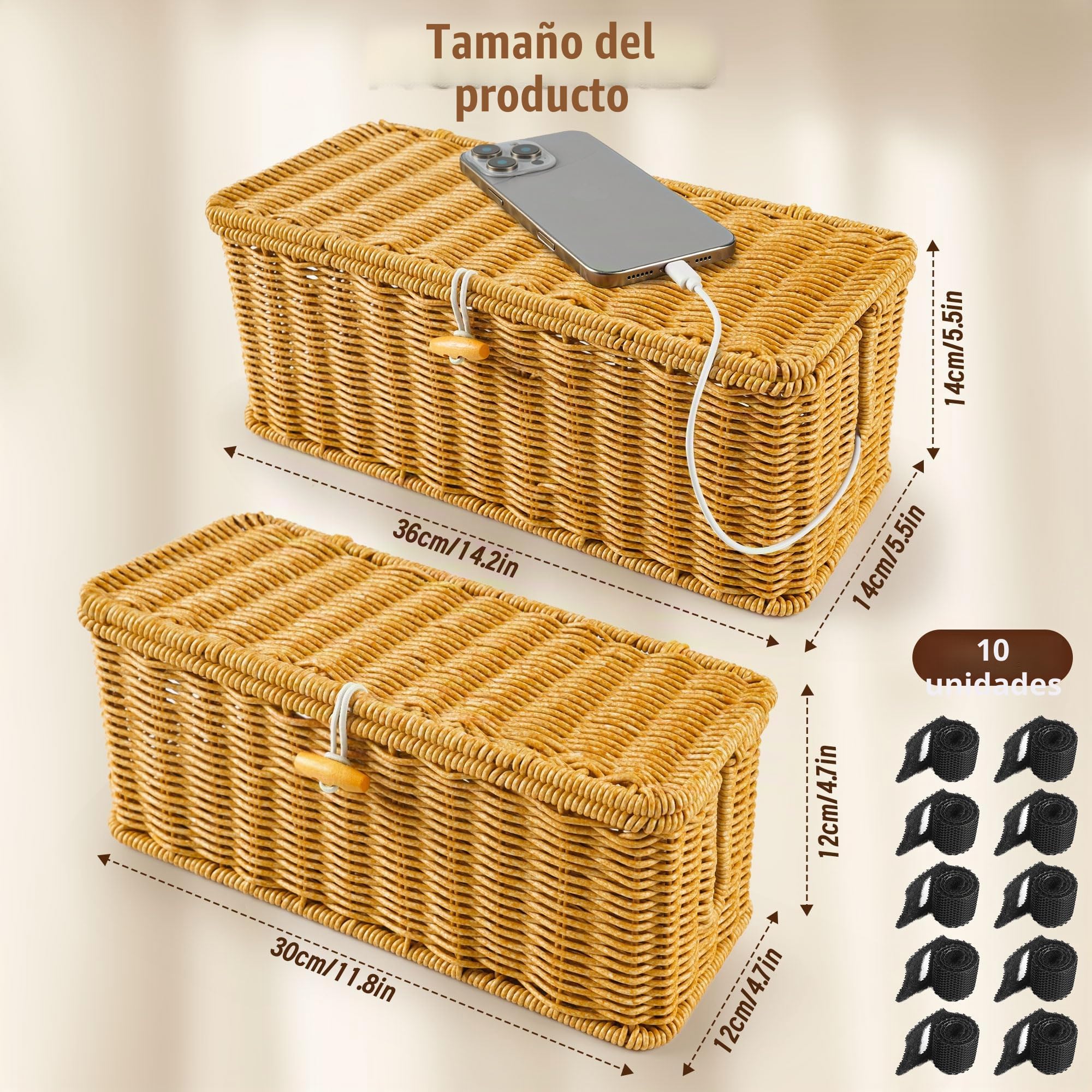 Gucass Juego de 2 Organizadora Cables de Ratán, Cajas Guarda Cables con Tapa, Caja para Cables con 10 Bridas, Organizador Cables Caja para Ocultar Regletas de Enchufes y Cables, para Oficina, Hogar