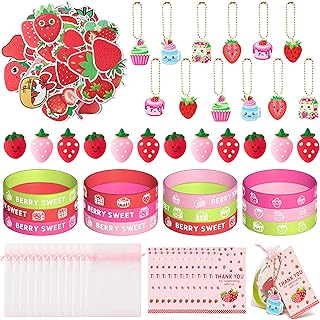 Haooryx 110PCS Strawberry Theme Party Favors Fruit Mochi Toys Berry Sweet Rubber Bracelet Acrylic Strawberry Scrapbook Stickers Keychains with Thank You Card for Girls Birthday Summer Party Goodie Bag