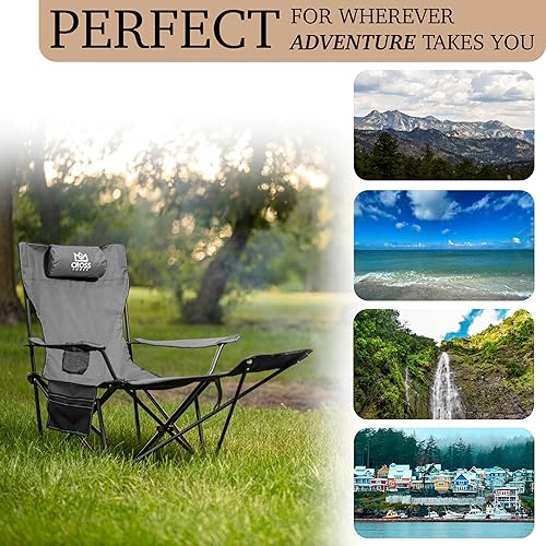 Miniatura 6 de Silla de camping reclinable con respaldo ajustable, silla plegable de alta resistencia que soporta 550 libras, soporte para tazas, bolsillo lateral,