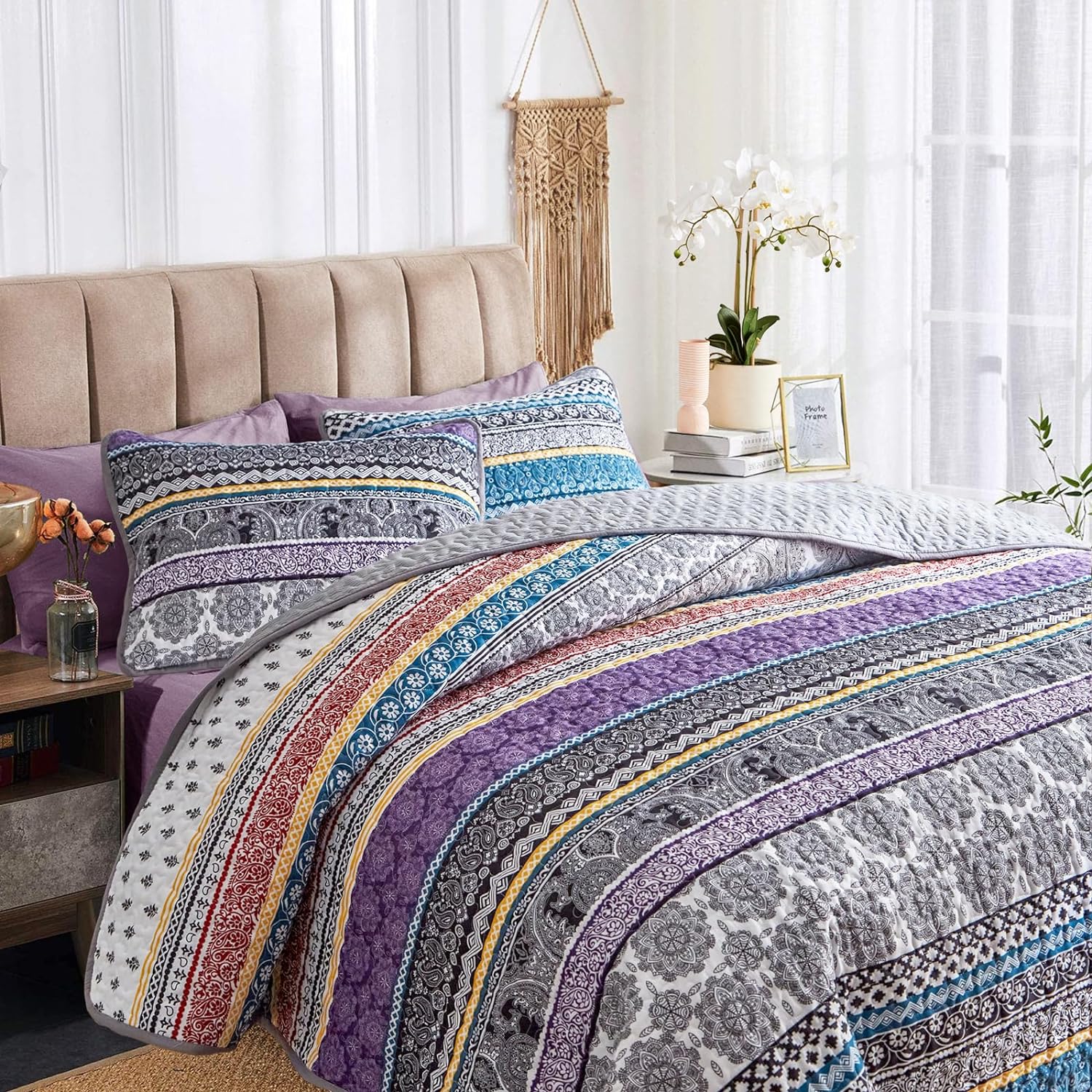3 Pieces Colorful Bohemian Quilt Set Full Queen Size, Purple n Grey Boho Striped Printed Bedding Bedspread Coverlet Set for Summer, Soft Lightweight Microfiber Quilt with 2 Shams (88x88 inces) - Image 2