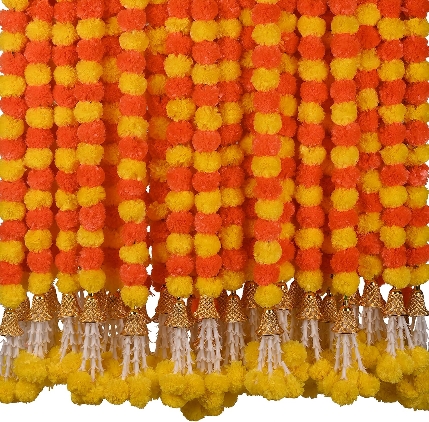 Marigold Garland for Decoration 5 Pcs of 5 feet Long Strands Artificial Marigold Flowers with Bell, Indian Décor for Pooja/Diwali Decorations/Christmas (Orange + Yellow)