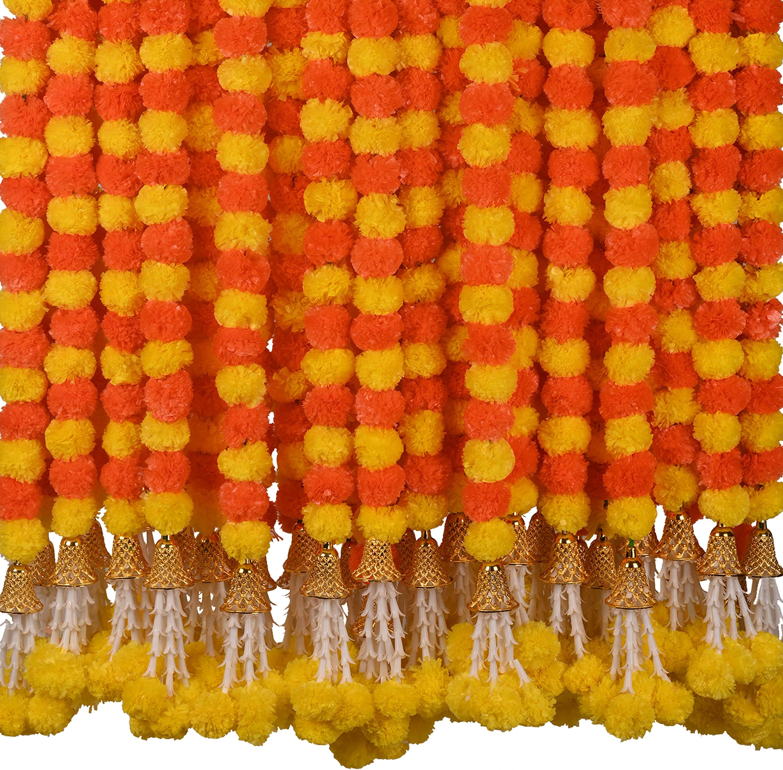 Marigold Garland for Decoration 5 Pcs of 5 feet Long Strands Artificial Marigold Flowers with Bell, Indian Décor for Pooja/Diwali Decorations/Christmas (Yellow) (Orange + Yellow)