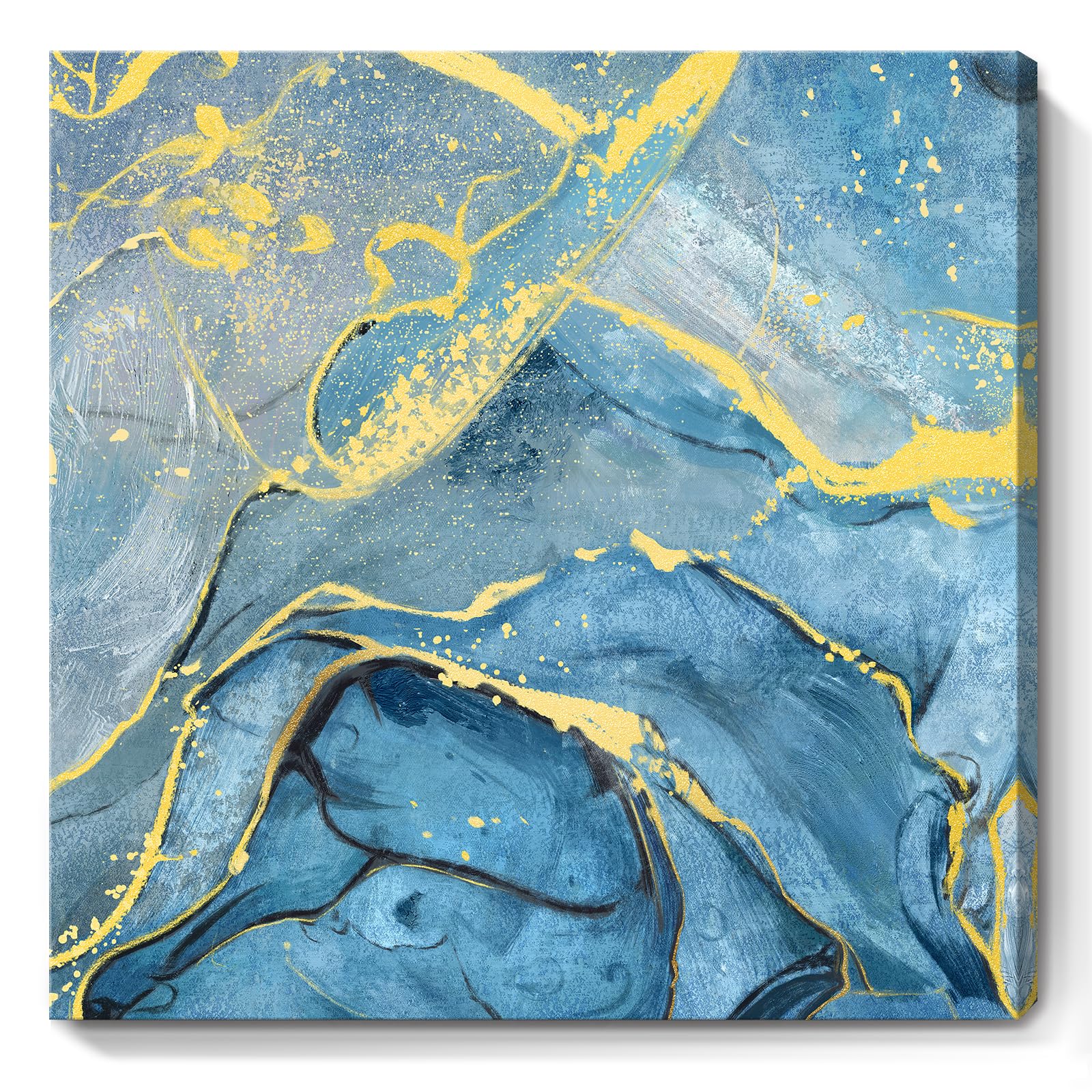 Bathroom Wall Art Blue Abstract Coastal Beach Theme Canvas Print Black and Yellow Texture Painting Ocean Sea Wave Picture Modern Seascape Natural Landscape Grey White Artwork 14x14inch