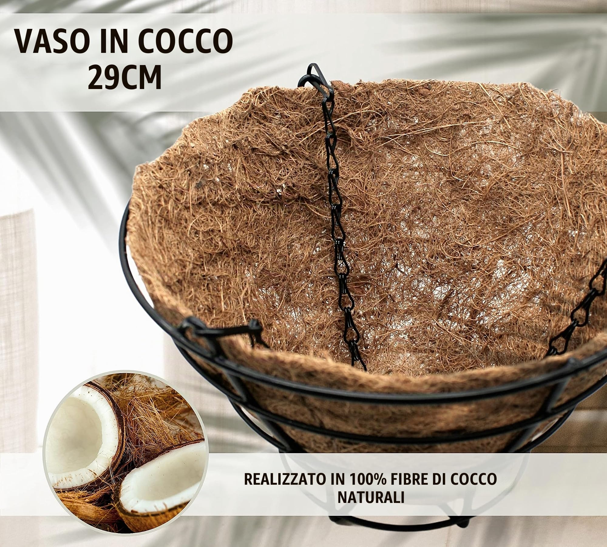 DOJA Barcelona | Vasi di Cocco da Appendere | 290 mm | Confezione 2 Pz | Fioriera sospesa con fodera in fibra di coco | Portavasi Decorazione da Giardino Verticale | Porta Vasi da Appendere Cocco
