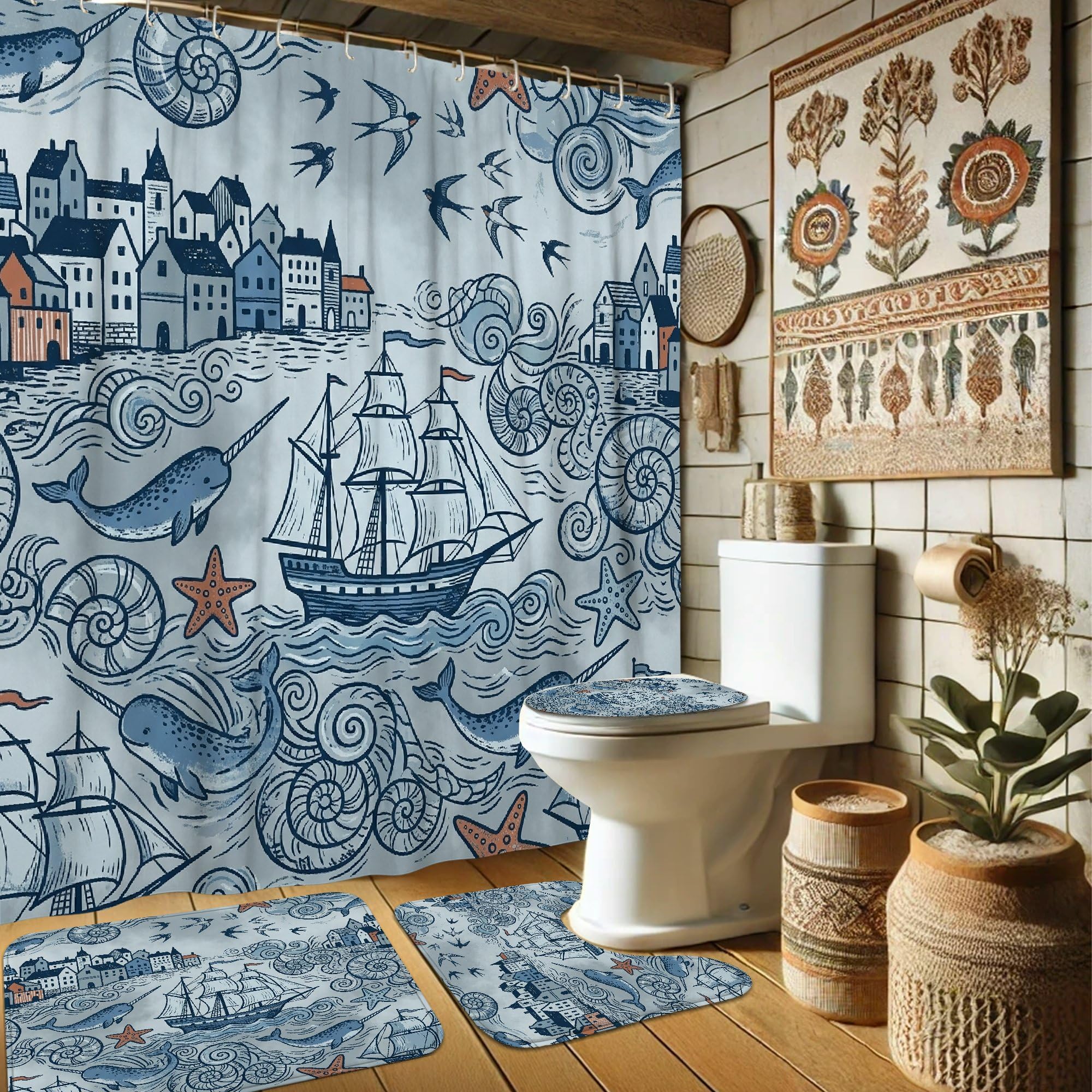 Rideau de douche imperméable anti-éclaboussures bleu marine à motif baleine 183 cm