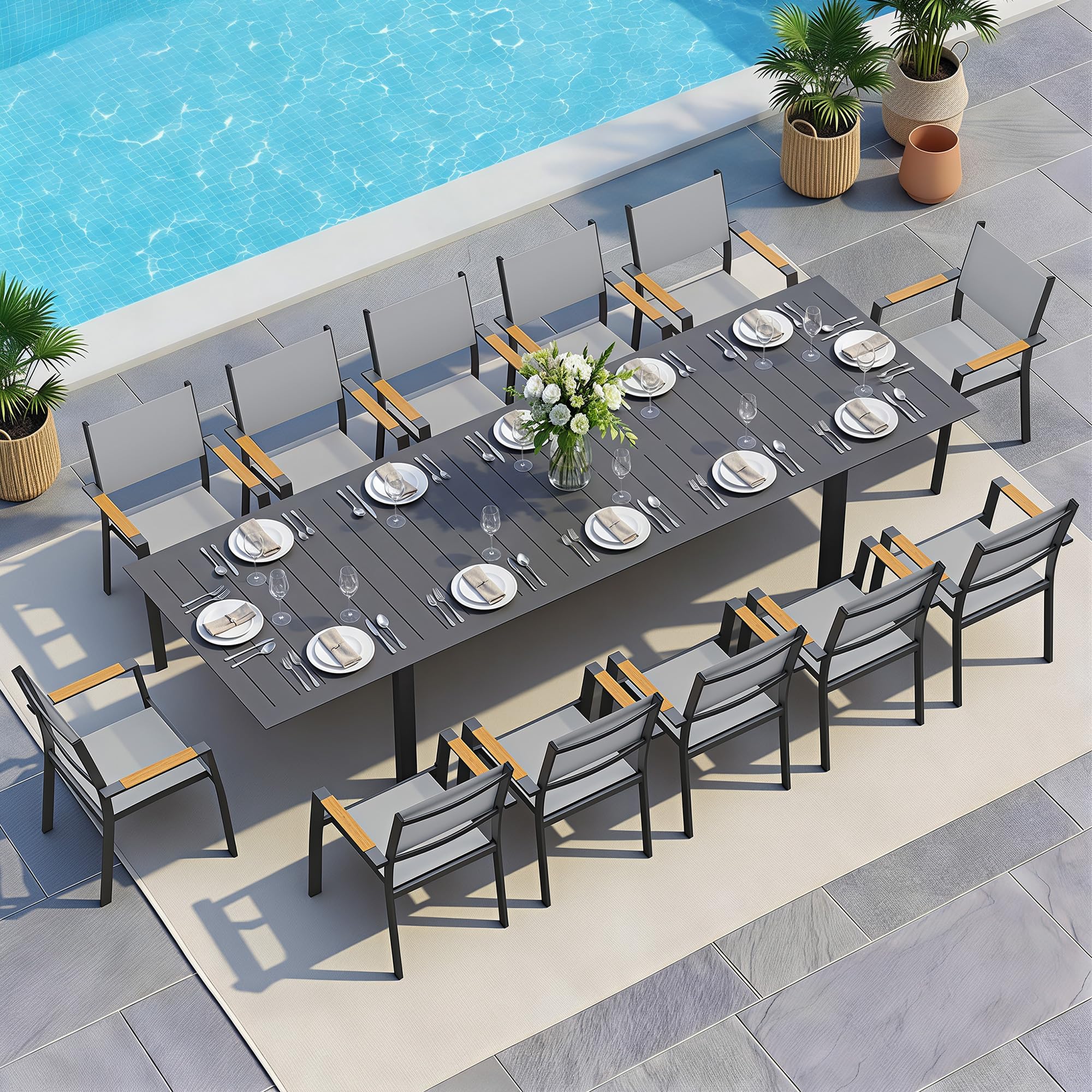 Outdoor Dining Set, Patio Furniture Set with 121" Extendable Dining Table, Outdoor Furniture Set for 4–12 People, All-Weather Aluminum Patio Table and