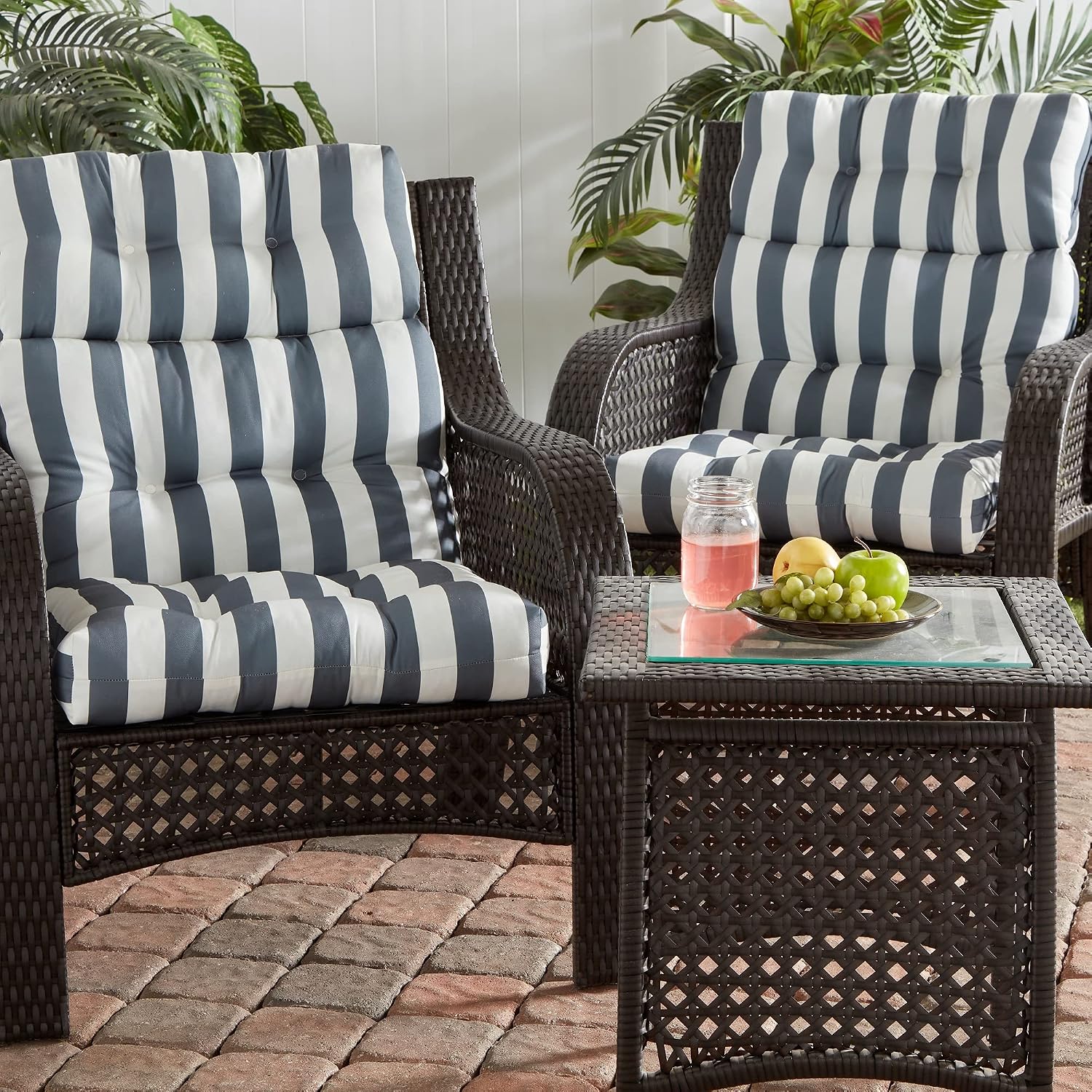 Condition photo showing New/Like New for greendale home fashions outdoor 44x22-inch high back chair cushions (set of 2), gray stripe gray stripe set of 2
