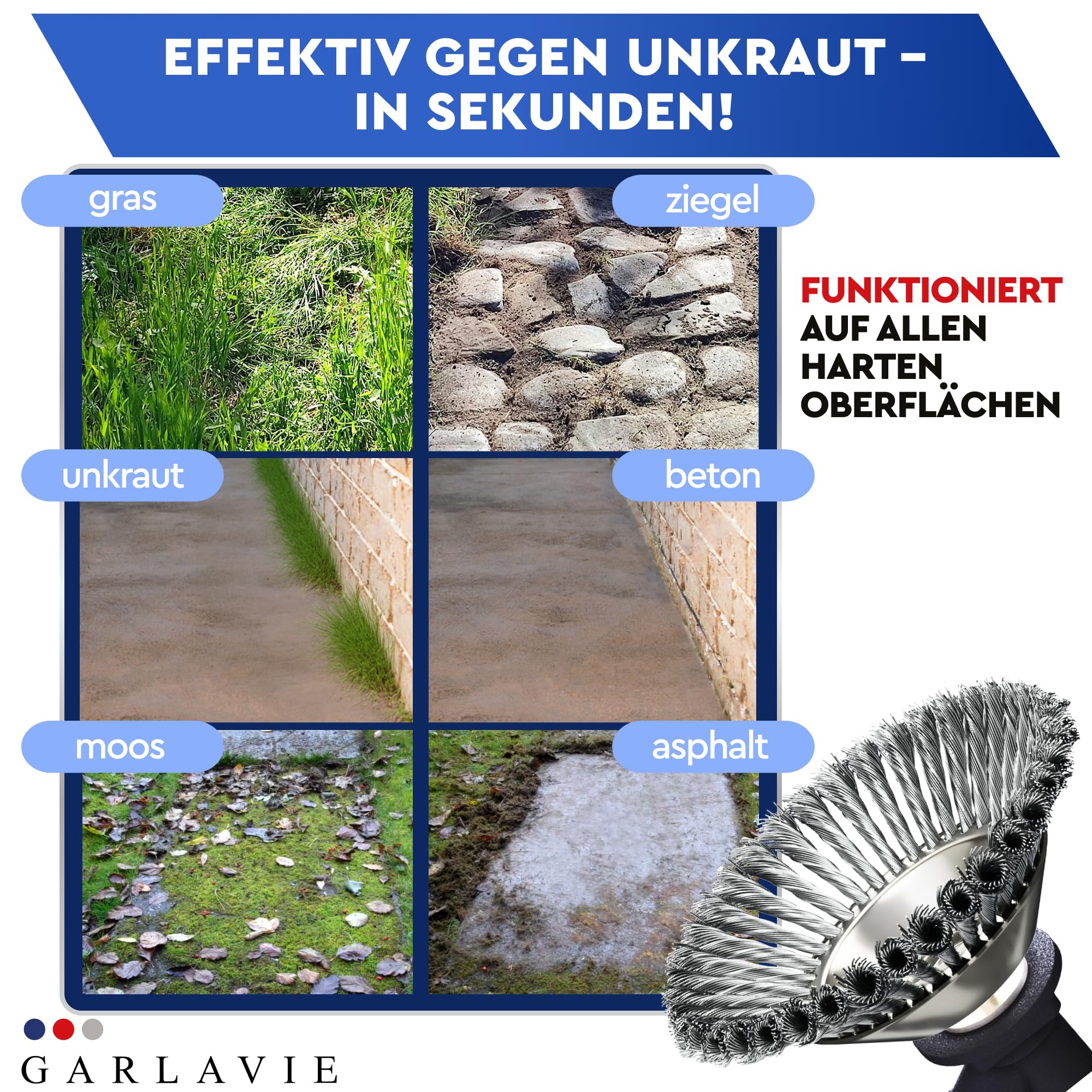 Profi Unkrautbürste Freischneider mit 25,4mm Bohrung - Hochwertige Wildkrautbürste für Motorsense - Drahtbürste Freischneider für effektive Moosentfernung, Silber