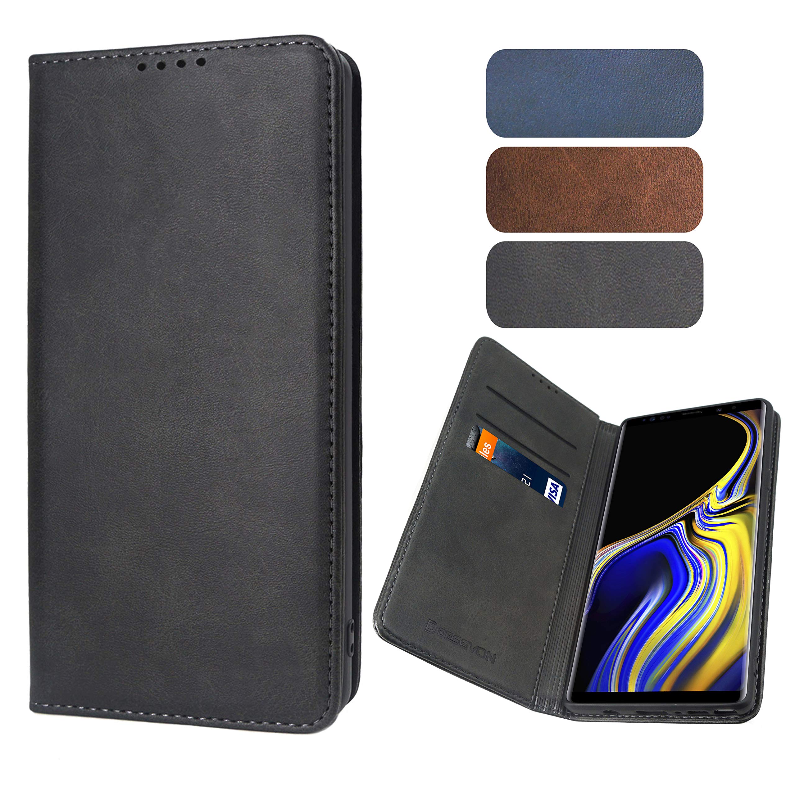 Galaxy Note 9 Case Black, D DESSVON Strong Magnet No Buckle Wallet Flip Folio Case for Samsung Galaxy Note 9, Business Style-Fashion Look Samsung Note 9 Protective Case with Kickstand Card Holder