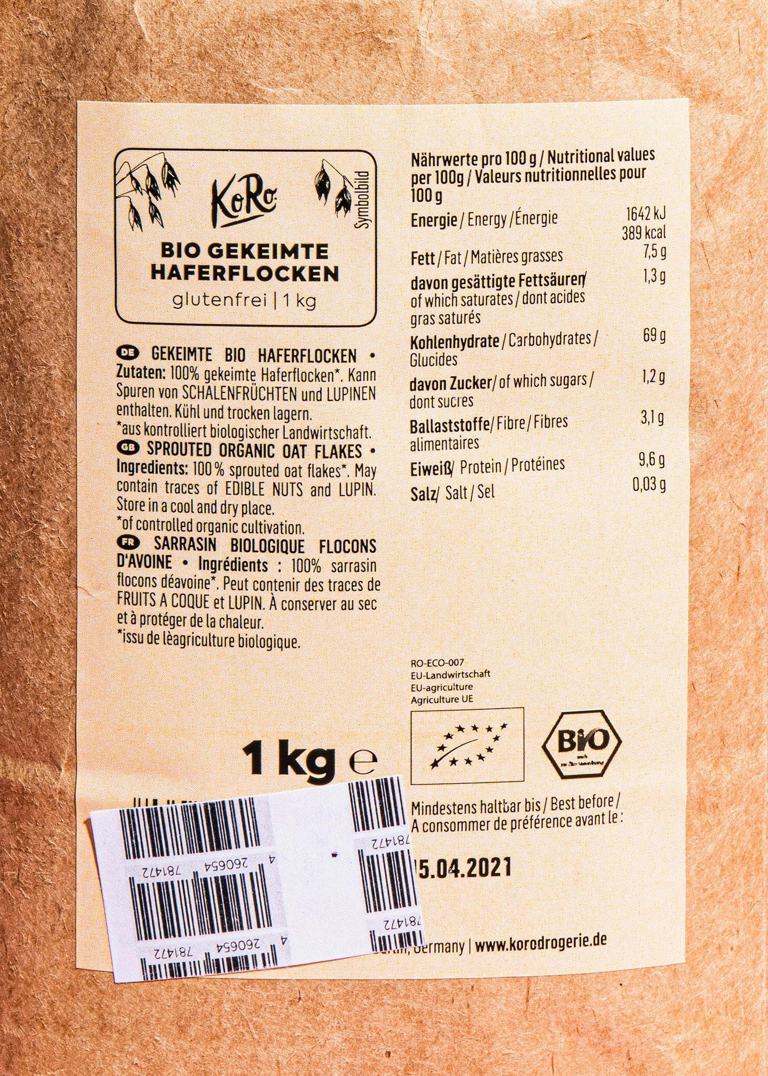 KoRo - Fiocchi d'avena germinati bio 1 kg - versatili - confezione convenienza - da agricoltura biologica