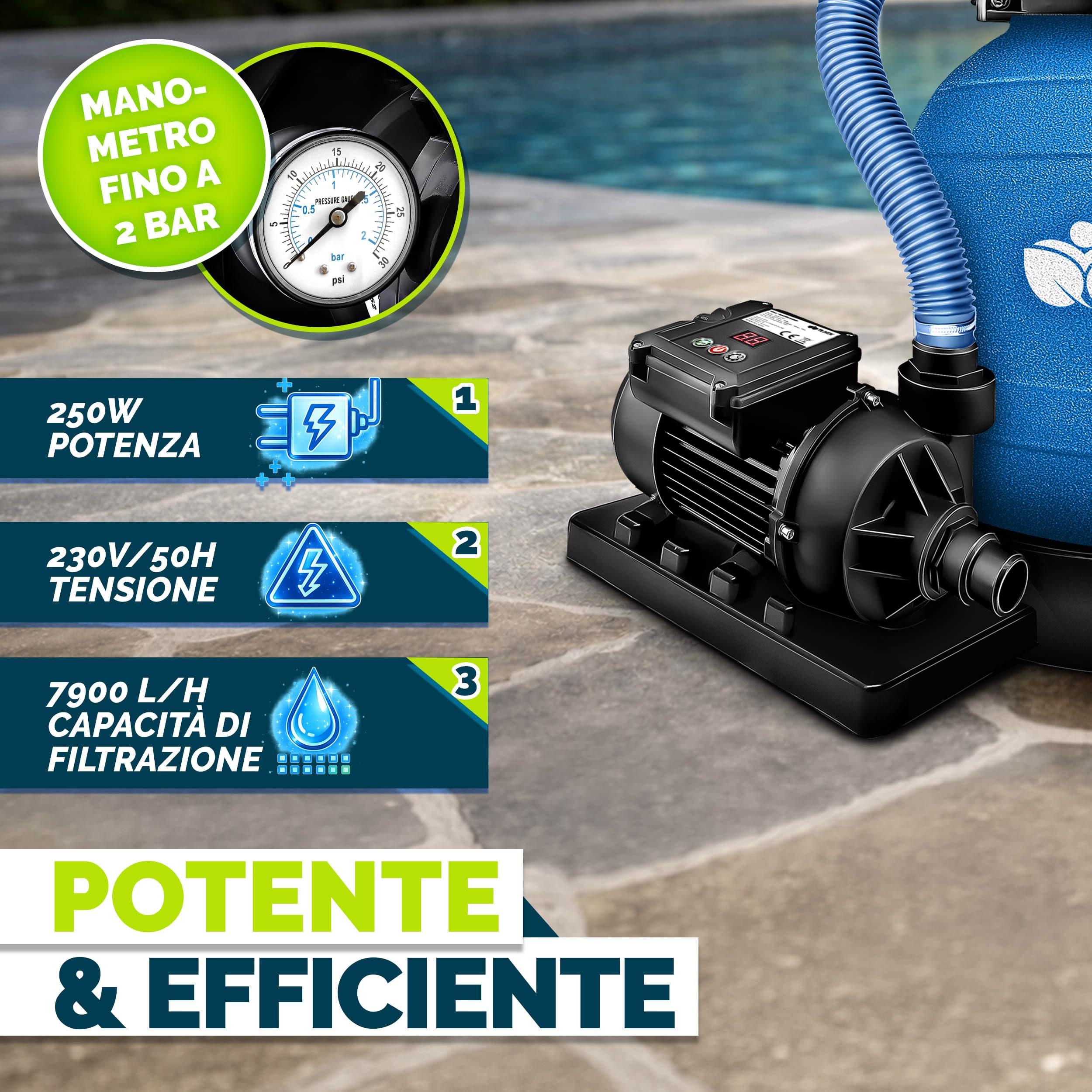 tillvex Pompa Filtro Piscina Portata 7.900L/h + 400g Filtro Balls | 7 funzioni | Adattatore 2in1 Ø32-38mm con indicatore di pressione | Filtro a sabbia per piscine (Blu con timer)