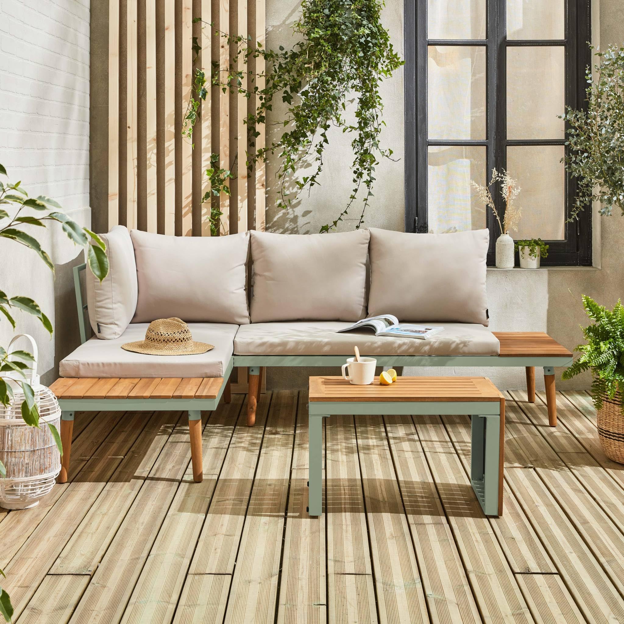 Alice's Garden sweeek - Salon de Jardin Kaki foncé. modulable en Aluminium et Bois d'acacia. 4 Places. Sao Paulo.140 x 68 x 65cm