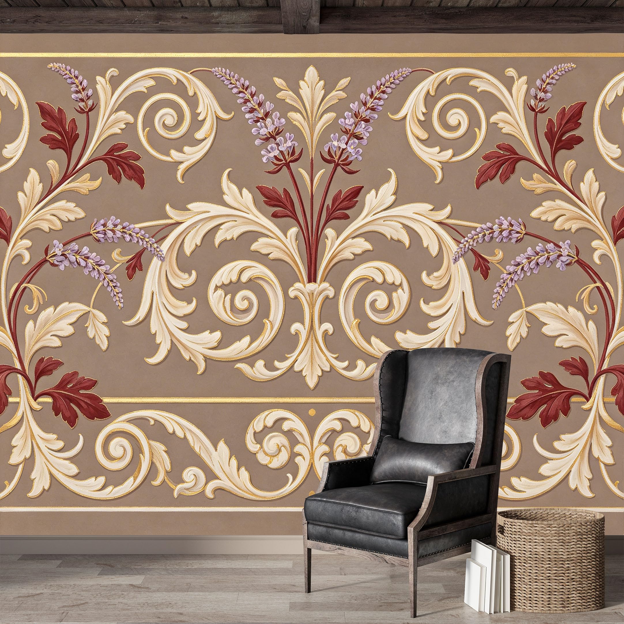 Custom Size Wall Mural,Baroque Floral Scroll Embossed Premium Water Activated SelfAdhesive Wallpaper,Removable Wall Covering,Easy DIY Install Wall Art for Indoor Home Decor