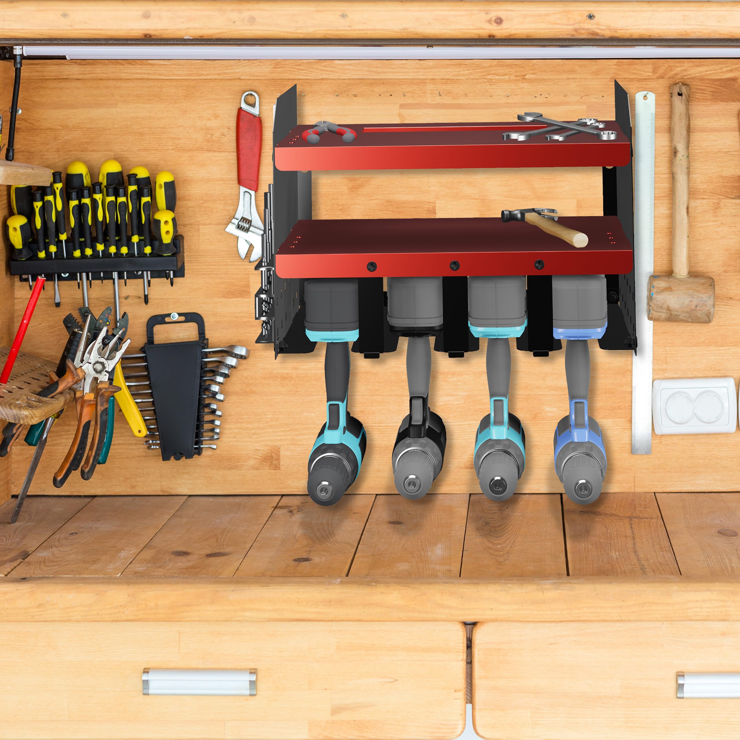 Relaxdays Organizer per Attrezzi Elettrici, Portautensili da Lavoro, per 4 Trapani, per Garage e Officina, Rosso Nero