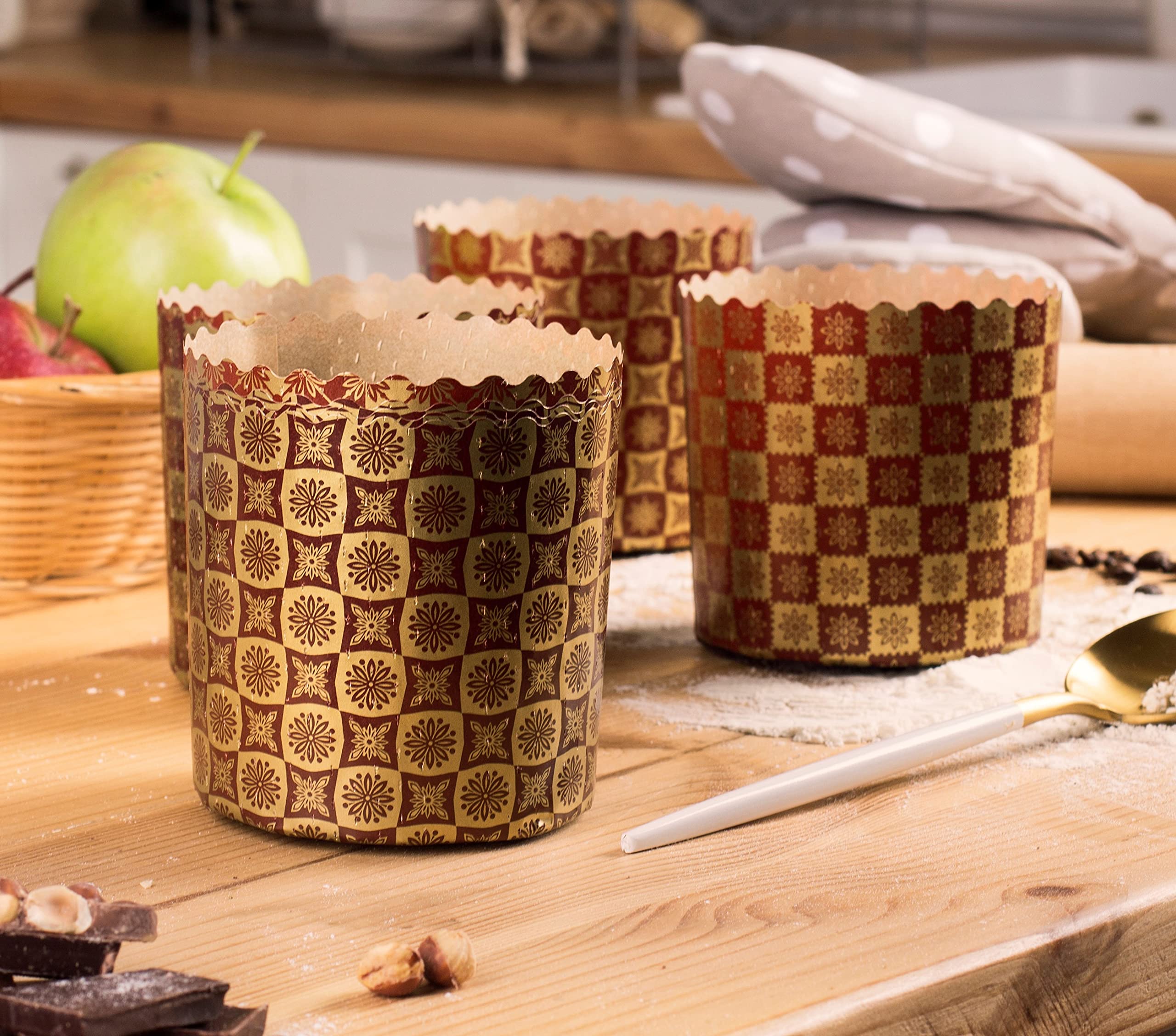 7 oz Panettone Paper Mold Gold Design | Pack of 25 pcs Easter Bread Paper Mold | W 3.55 x H 3.55-In Round Non Stick Easter Bread Paper Mold – Bakeware Set of 25 Kulich Paper Molds