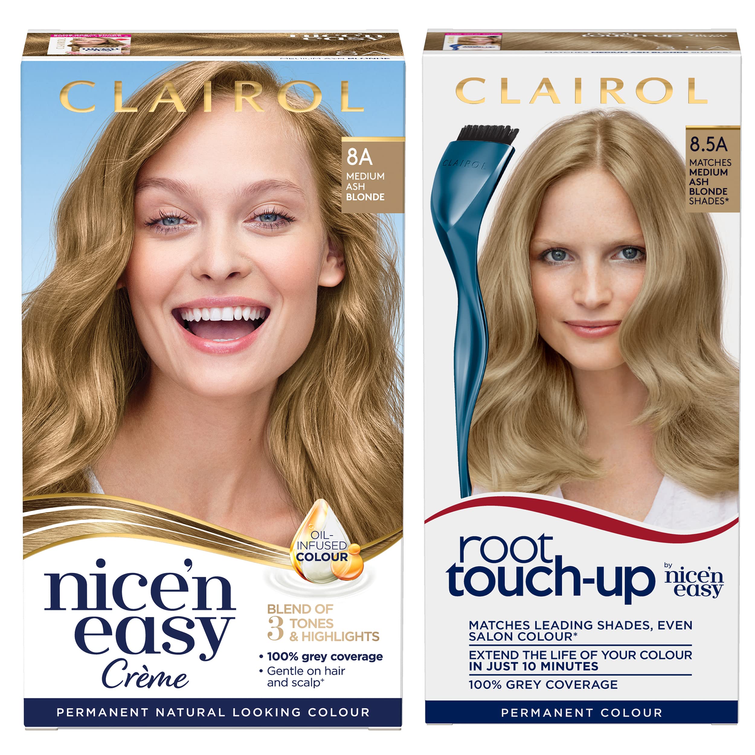 Nice' n Easy Crème, Natural Looking Oil Infused Permanent Hair Dye, 8A Medium Ash Blonde & Root Touch-Up Permanent Hair Dye, 8.5A Medium Champagne Blonde