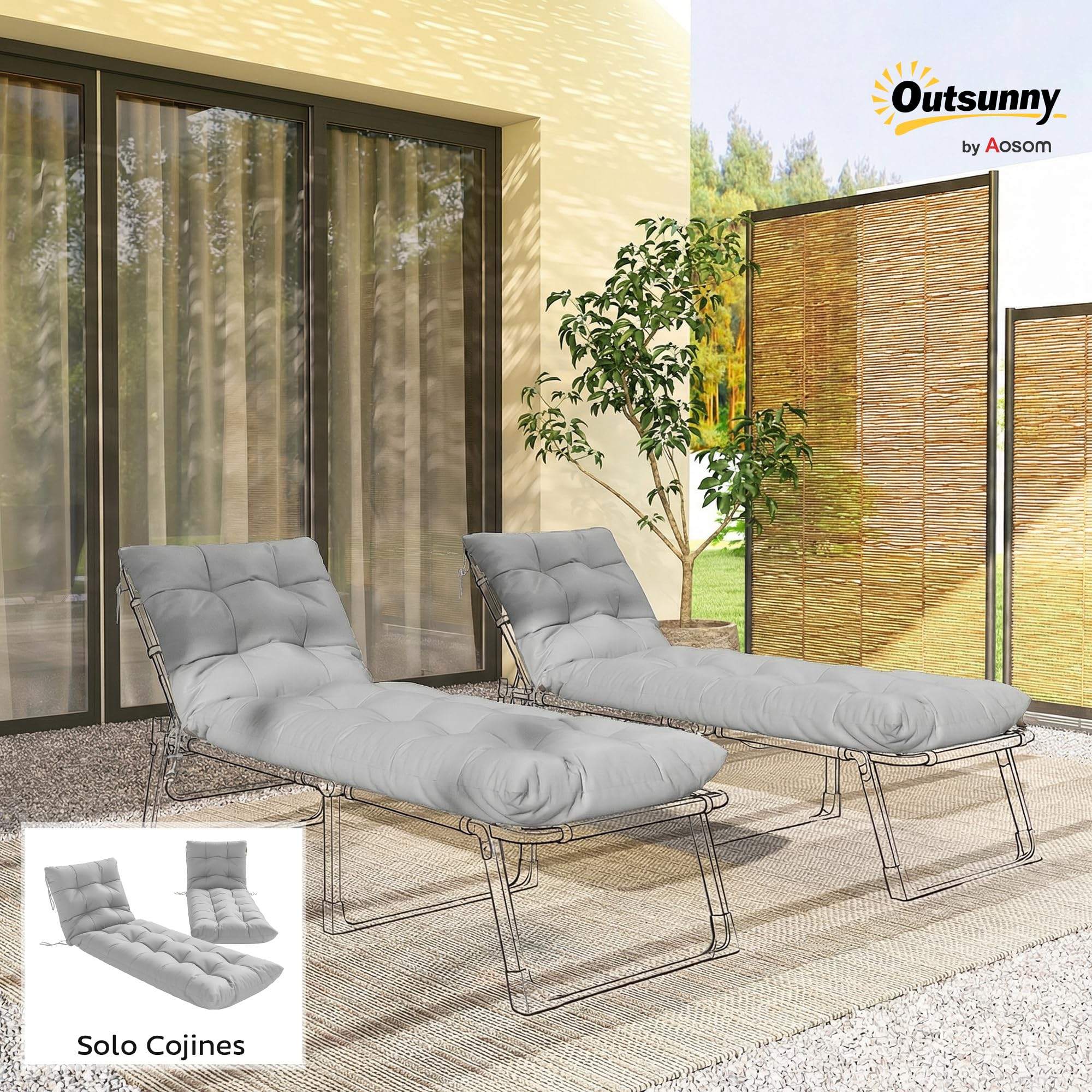 Outsunny Juego de 2 Cojines para Tumbonas, 180x55x8 cm, Cojines para Tumbonas de Exterior Gruesas, UPF30+, Almohadillas de Repuesto para Tumbonas con 4 Cintas, Gris Claro