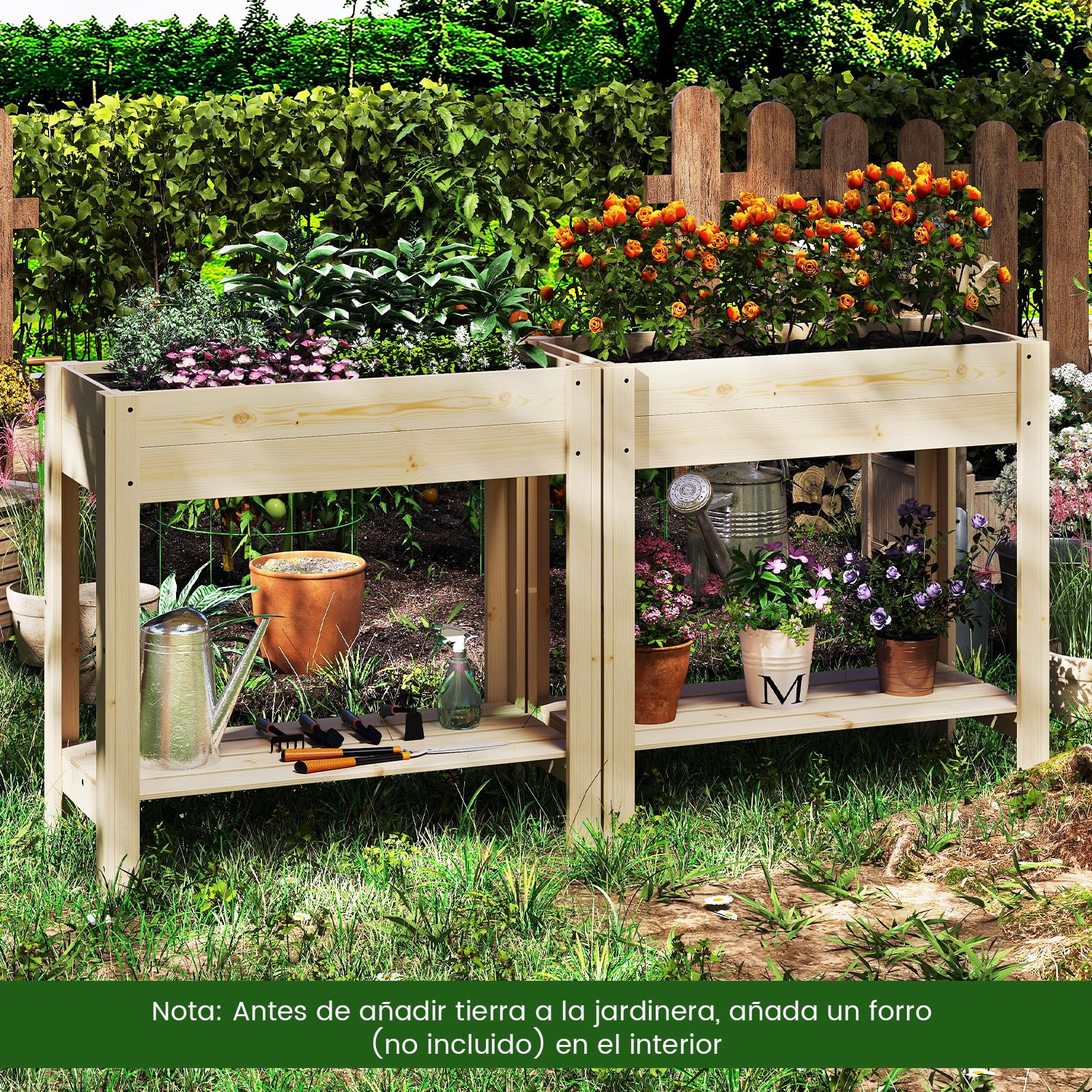 COSTWAY Huerto Urbano de Madera con Patas, Mesa de Cultivo, Jardinera Elevada con Estante, Drenaje, Caja de Plantación 81 x 37 x 77 cm, Jardineras Altas Exterior, para Terraza Exterior, Natural