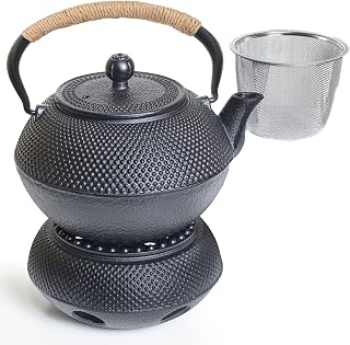 Oztara Cast Iron Teapot Set, 40 oz/1200 ml Japanese Style Teapot with Infuser and Warmer, Tea pot | Tea Kettle Coated with Enameled Interior, Large Cast Iron Kettle, Black & Iron cast Teapot warmer