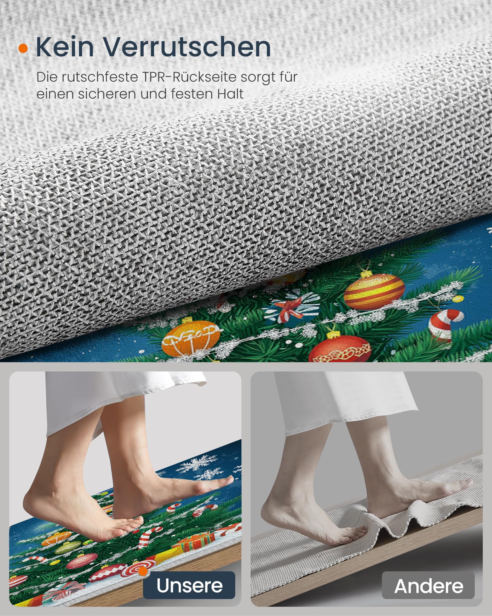 Fußmatte Bunte Weihnachtskugeln grünes Weihnachtsbaumdesign, Türmatte rutschfest Waschbar, Weihnachts Fussmatte Innen und Außen, Blau Farbgebung Weihnachts Fußmatte Winter, 90 x 150 cm