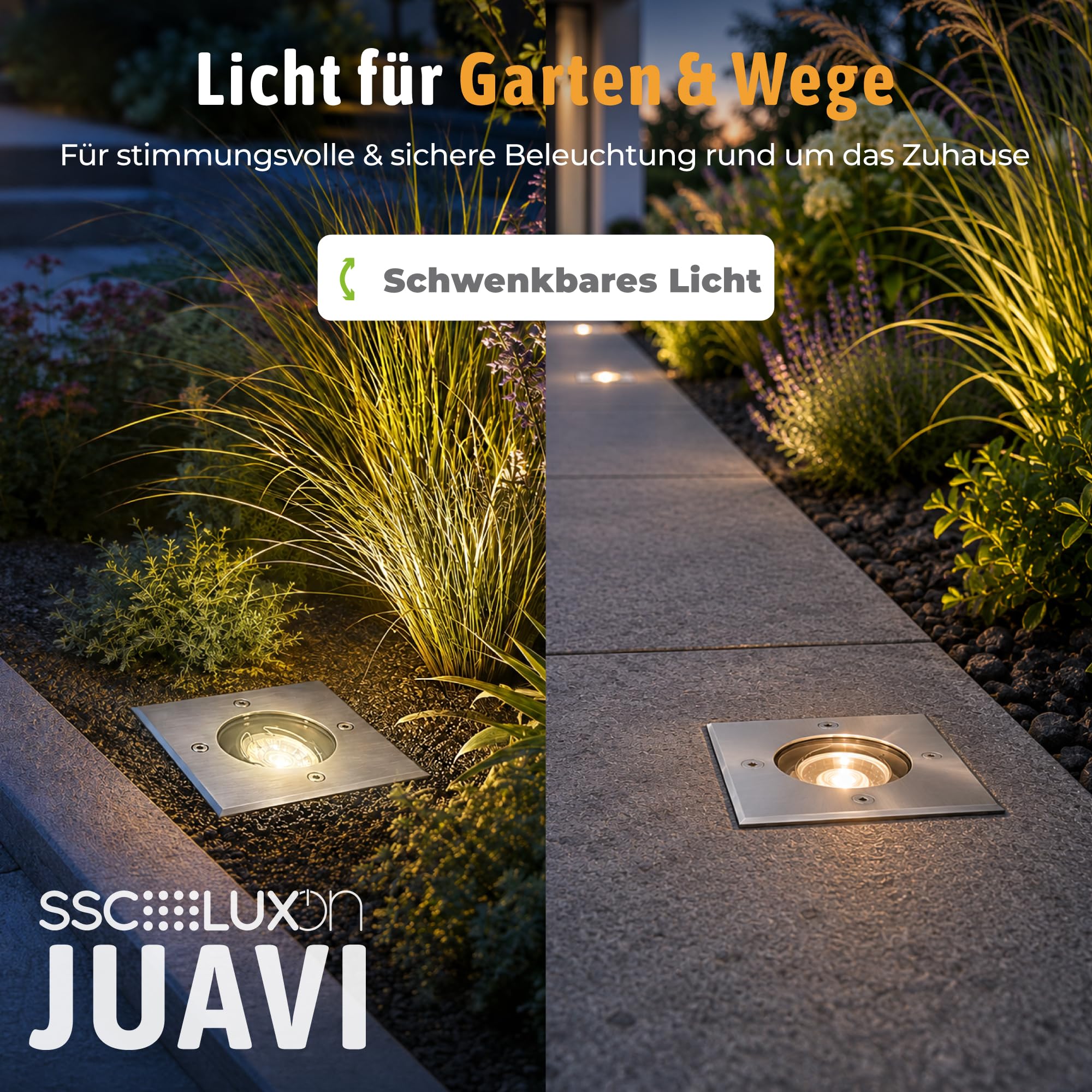SSC-LUXon JUAVI Bodeneinbaustrahler 3x eckig IP67 GU10 3W 3 Lichtfarben | Drei befahrbare Bodenspots eckig IP67 für Wege, Beet & Terrasse - warm / neutral / kalt, schwenkbar, 120x120mm, Edelstahl